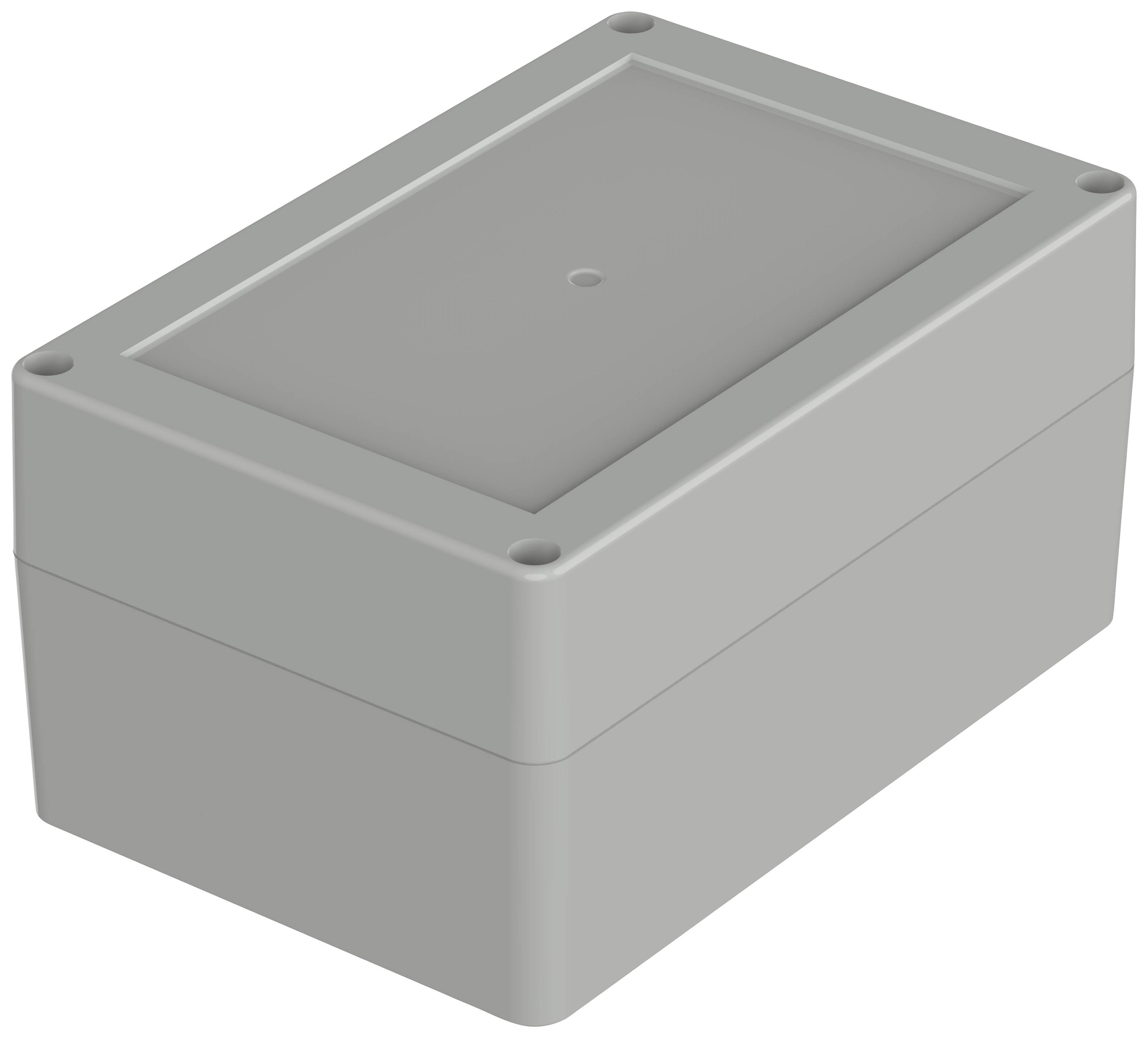 Rectangular grey enclosure with screw holes at the corners, positioned on a plain surface.