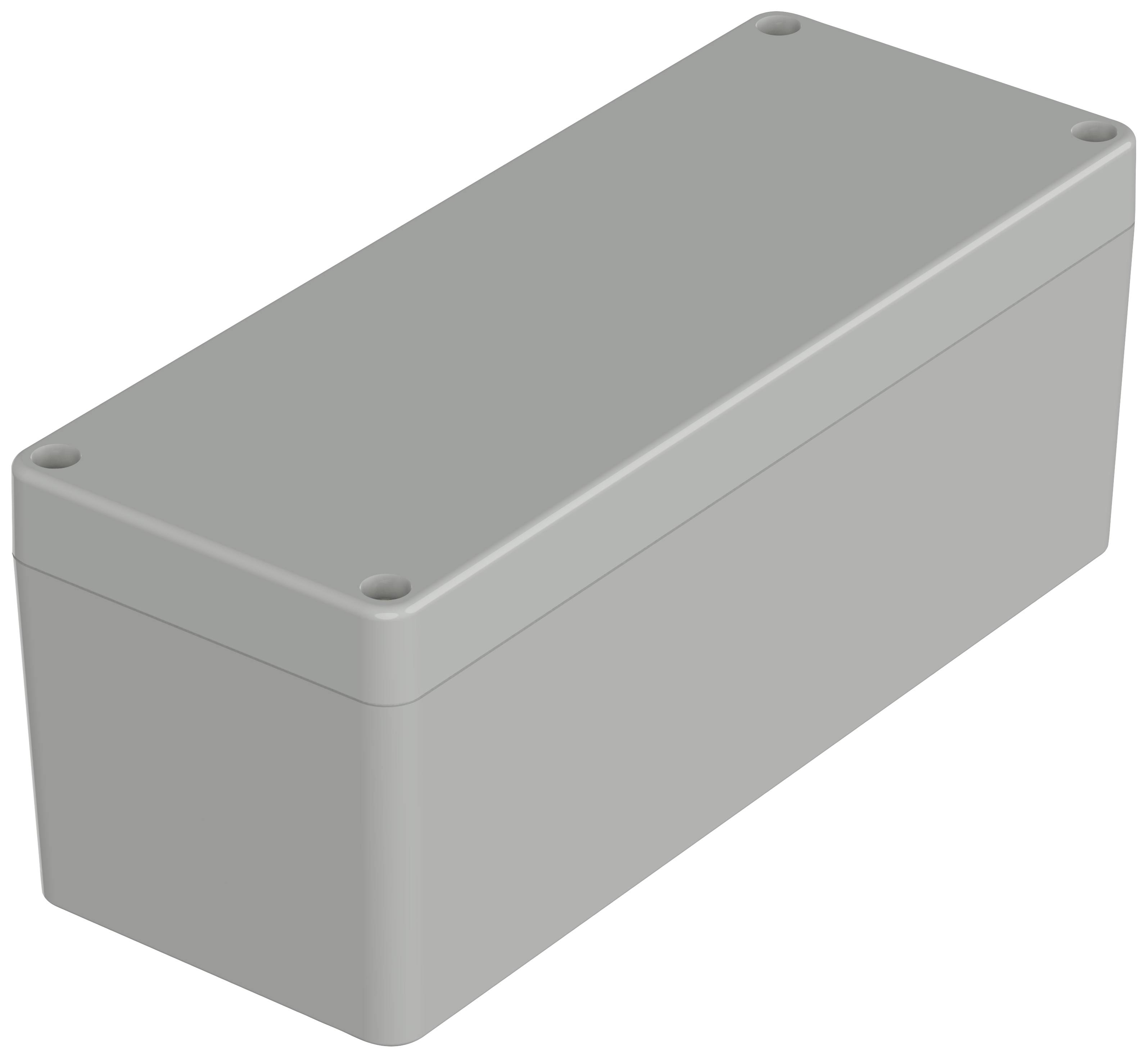 Grey rectangular box with rounded corners and four screw holes at the corners of the lid.