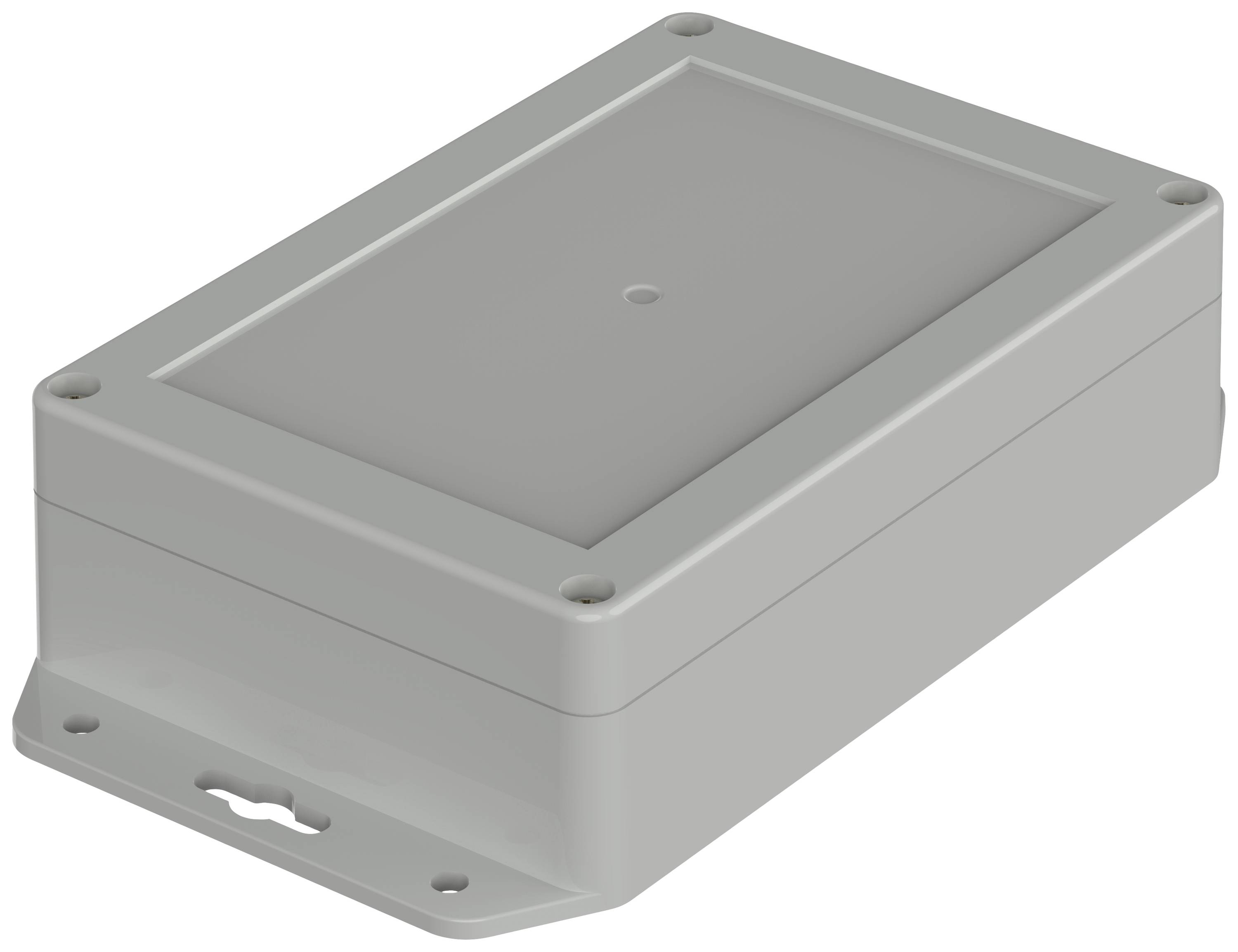 Grey rectangular plastic enclosure with rounded corners and four screw holes. Suitable for protecting electronic devices.