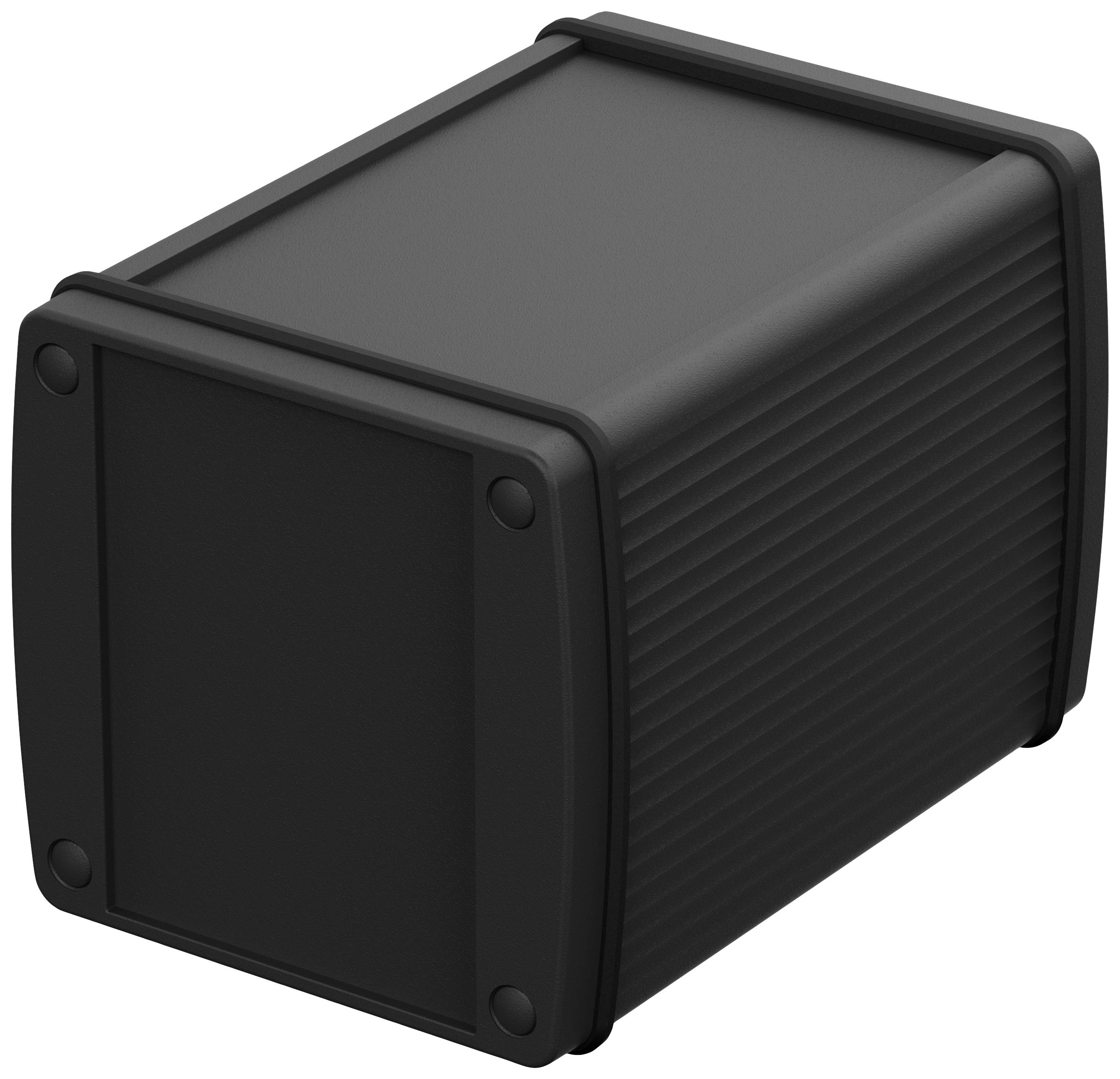 A black, rectangular plastic enclosure with ribbed sides and rounded corners. It is used to house electronic components.