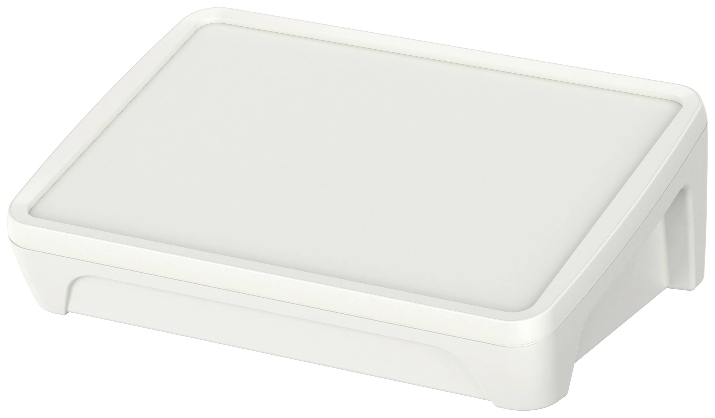 White, stackable plastic storage box with removable lid, perfect for storing small items.