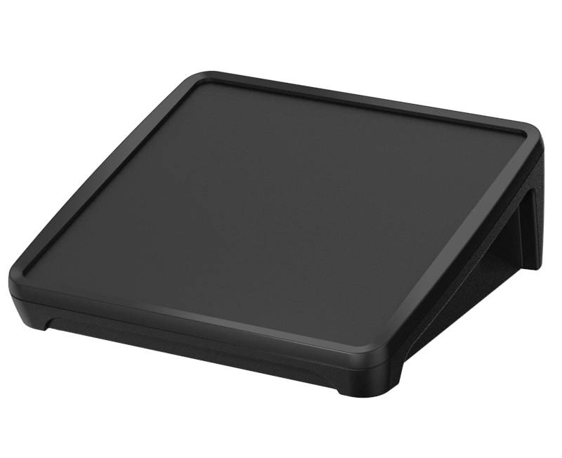 Black plastic laptop stands in triangular form with an angled platform.