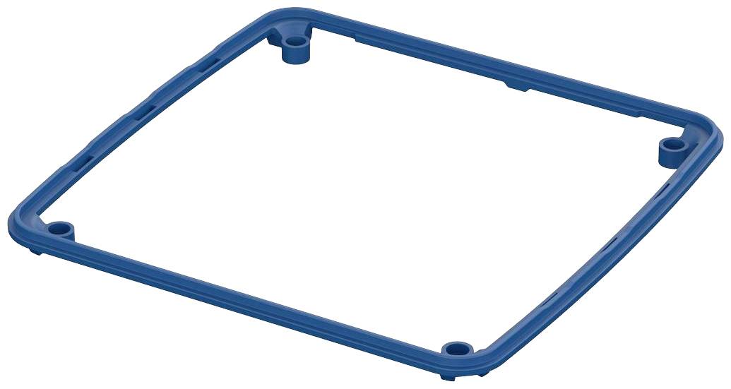A rectangular, blue plastic frame with rounded corners and holes at the corners, on a white background.