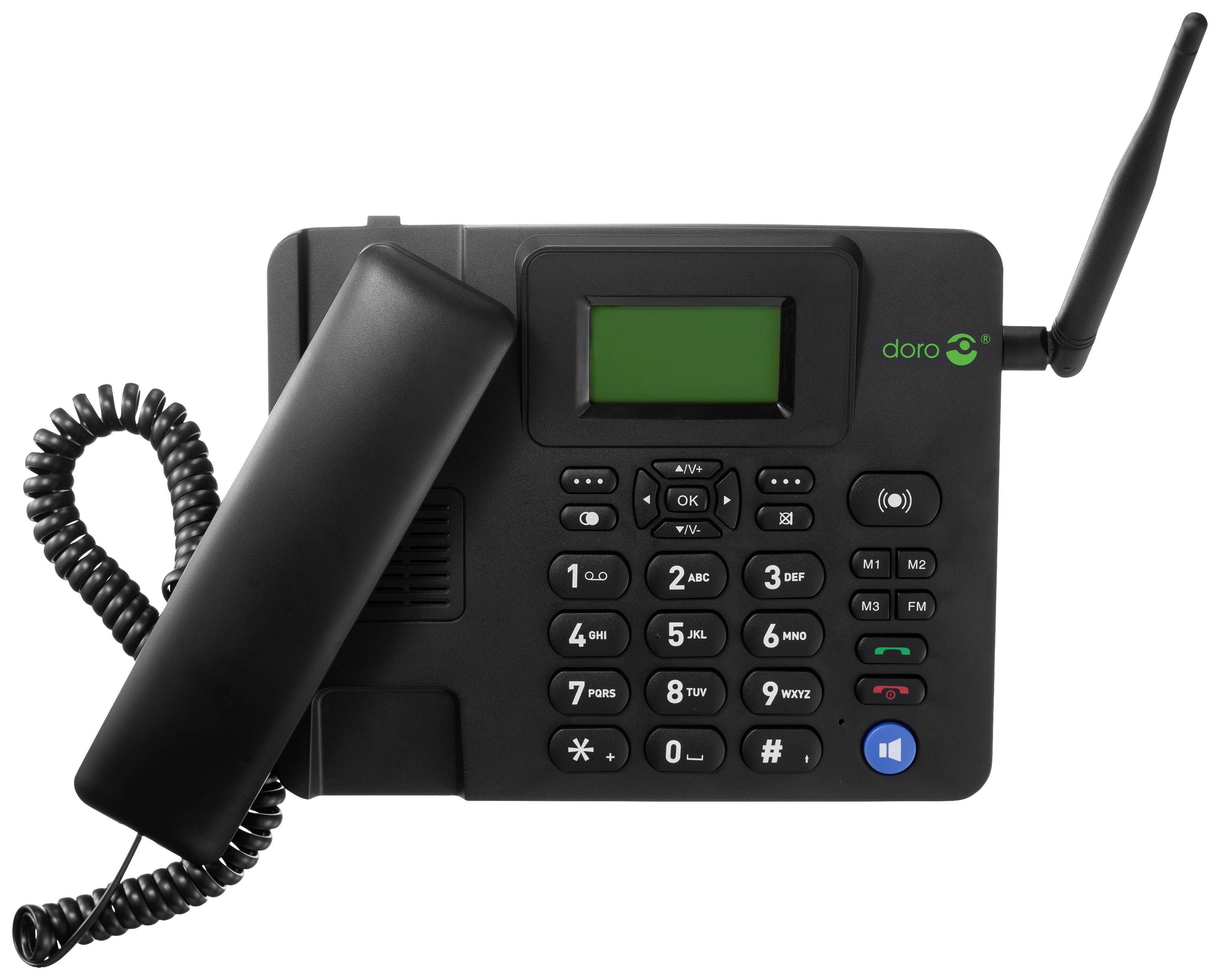 A black landline telephone with an aerial, large display, and keypad. Numeric keys, call answer, and speakerphone buttons visible.