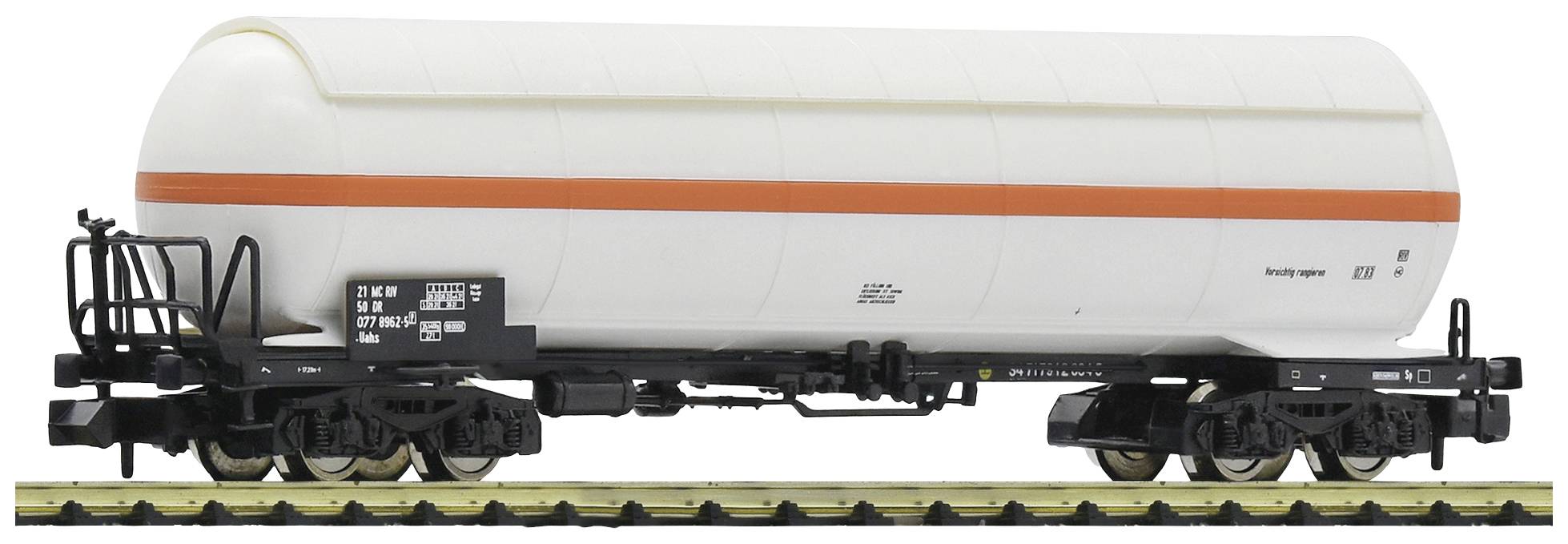 A white tanker wagon with an orange stripe, used for transporting liquids or gases.