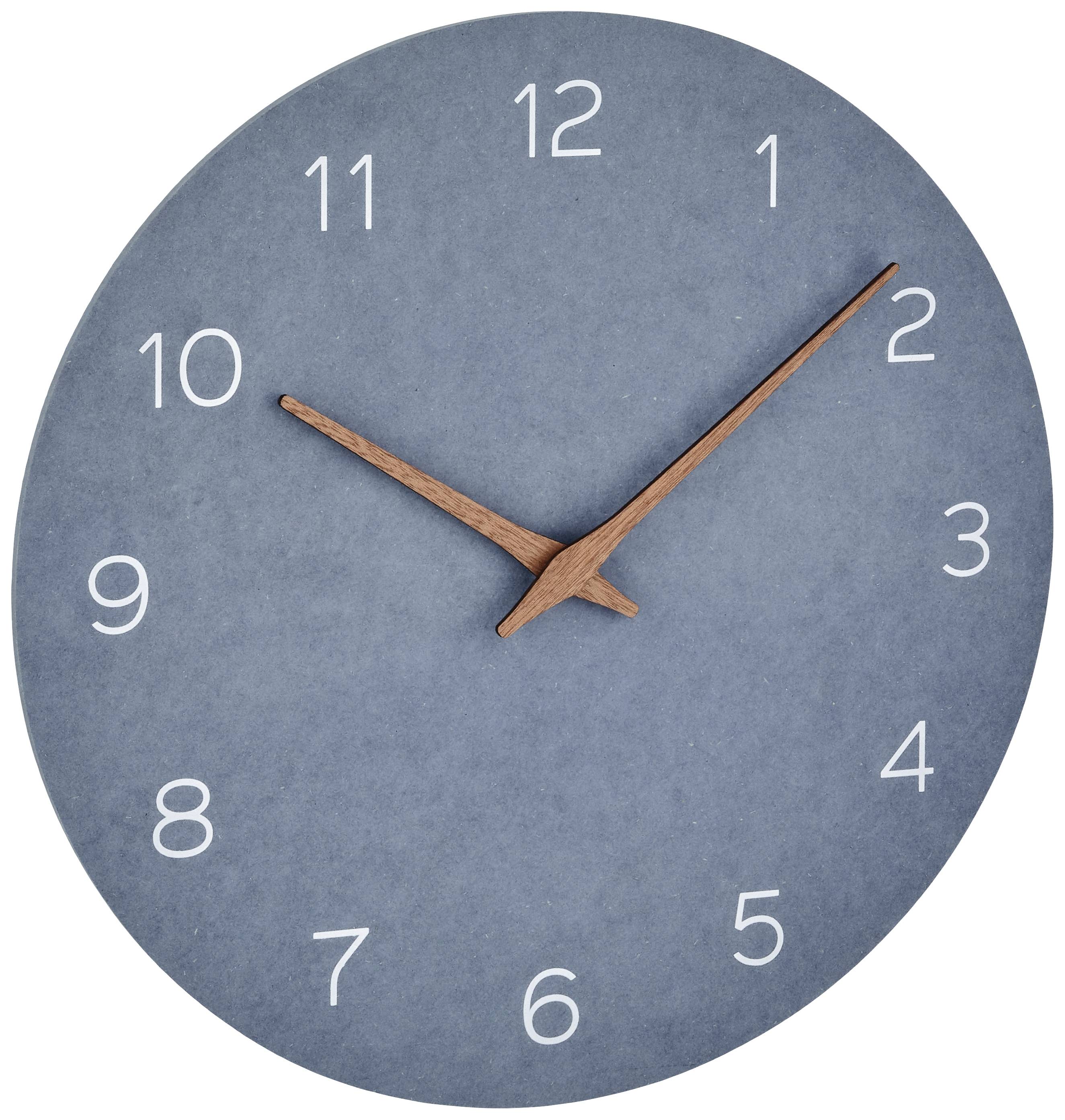 A round wall clock with a blue dial, white numbers, and brown hands shows 10:09.