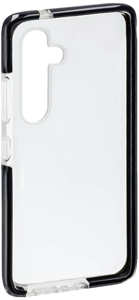 Clear view mobile phone case with black border, camera and volume button cutouts, suitable for a smartphone.