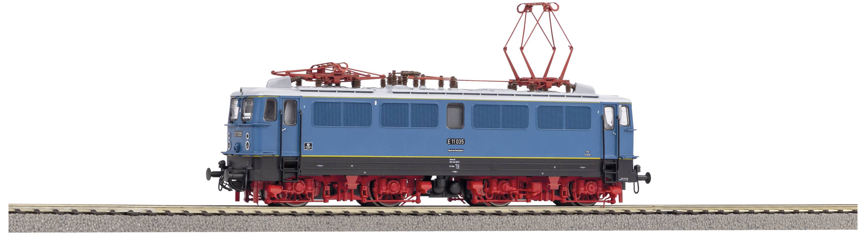 A blue and red model of an electric locomotive on a railway track. The locomotive displays detailed pantographs and wheels.