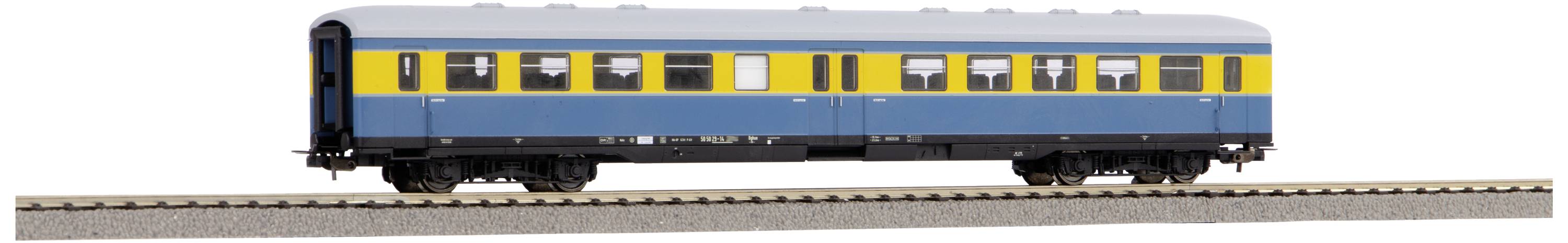 A model train carriage in blue and yellow sits on a section of track. The carriage has multiple windows and a detailed reproduction.
