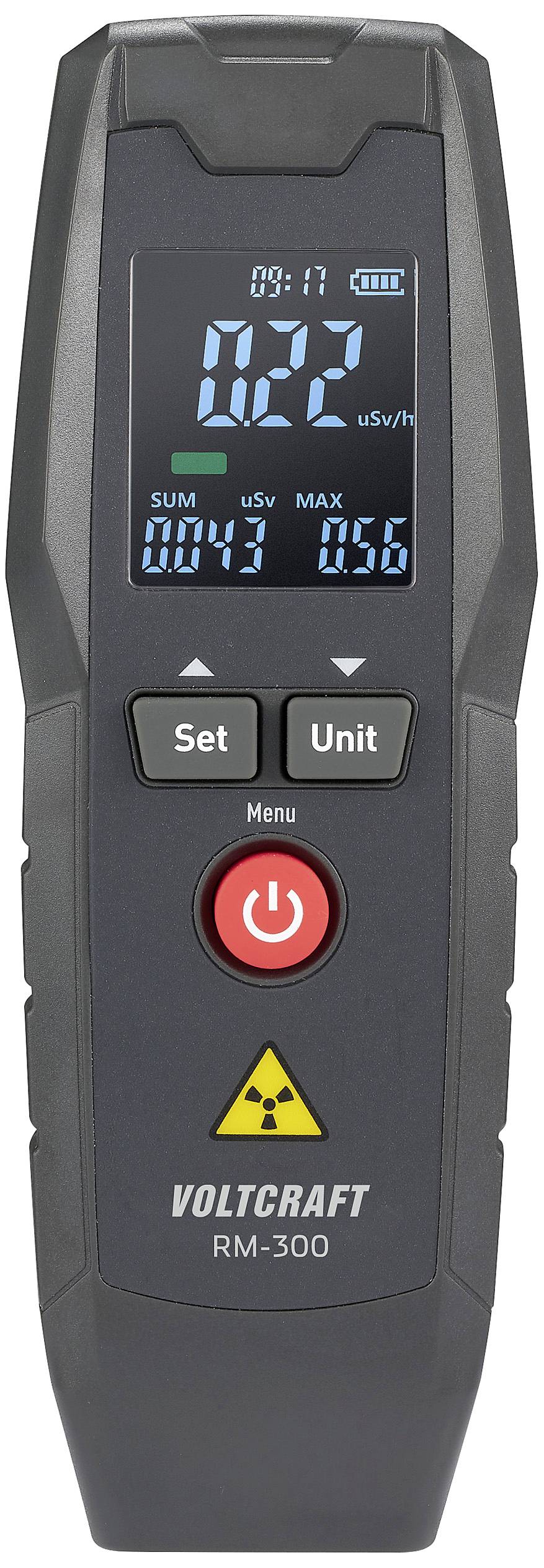 A digital radiation metre with a display shows a reading of 0.22 µSv/h. Below this are buttons for settings and unit selection.