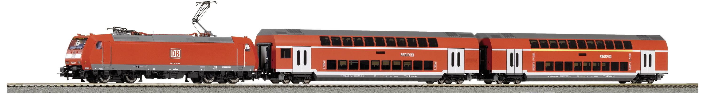 A red model train with two double-decker carriages is travelling along a track. The locomotive has the typical design of a regional railway.