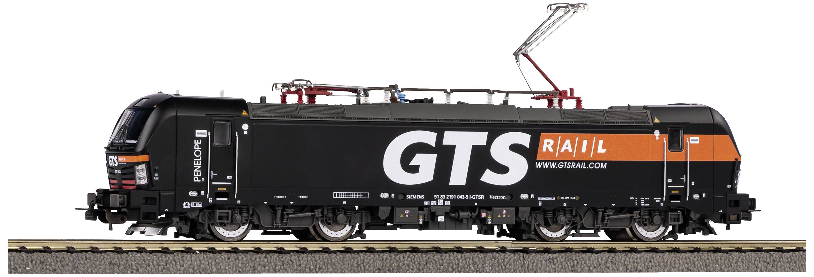 A black electric locomotive with 'GTS Rail' written on its side is standing on a track. It has red accents and a pantograph antenna.