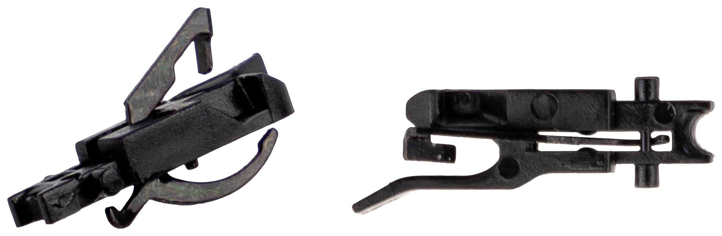 Two small, black metal components with levers and springs, pictured side-on, likely machine parts or tools.