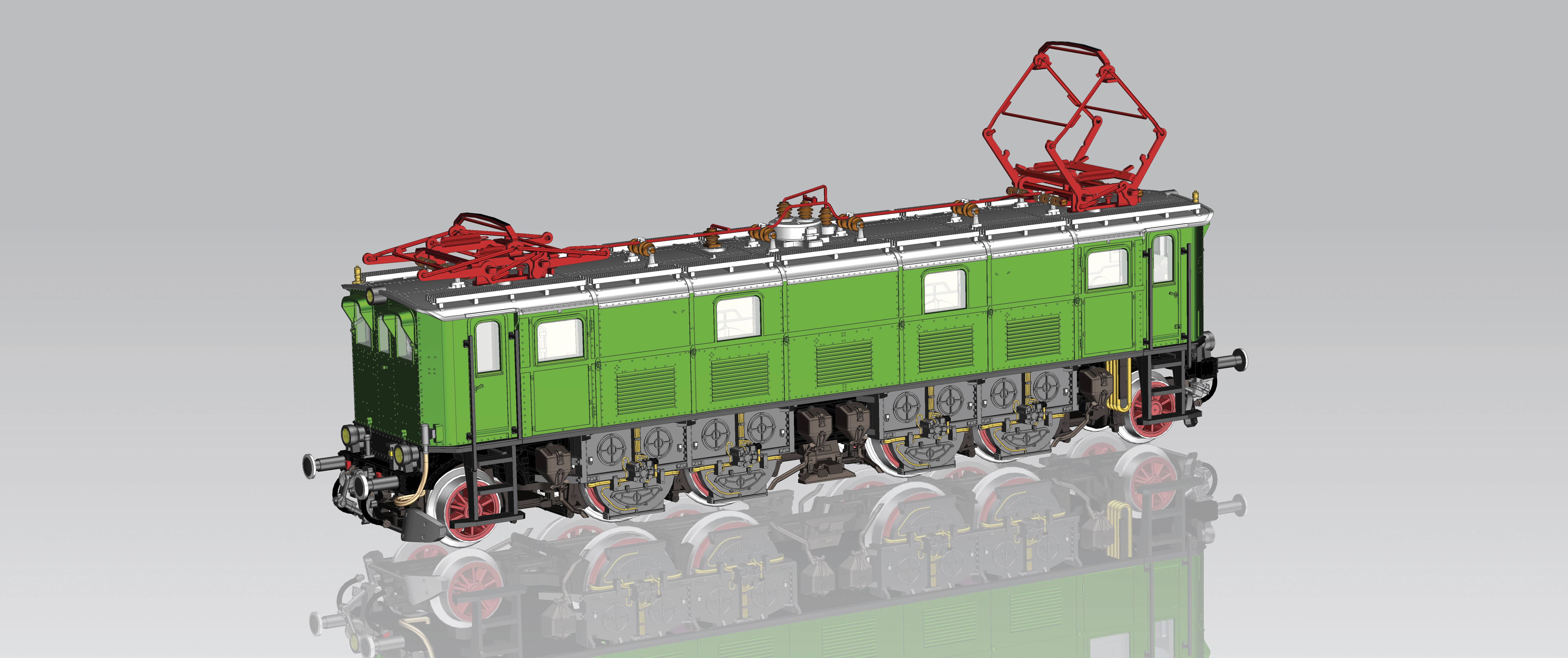 Green model of a historic electric locomotive with red pantographs and detailed wheels on a grey background.
