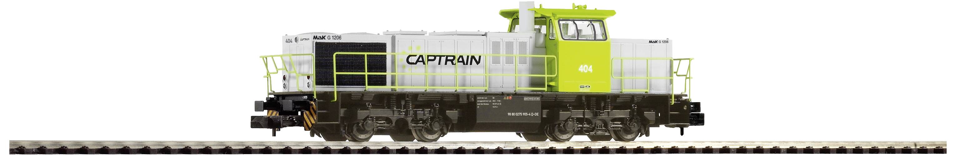 Stylised depiction of a green and white locomotive with 'CAPTRAIN' logo, positioned on railway tracks.