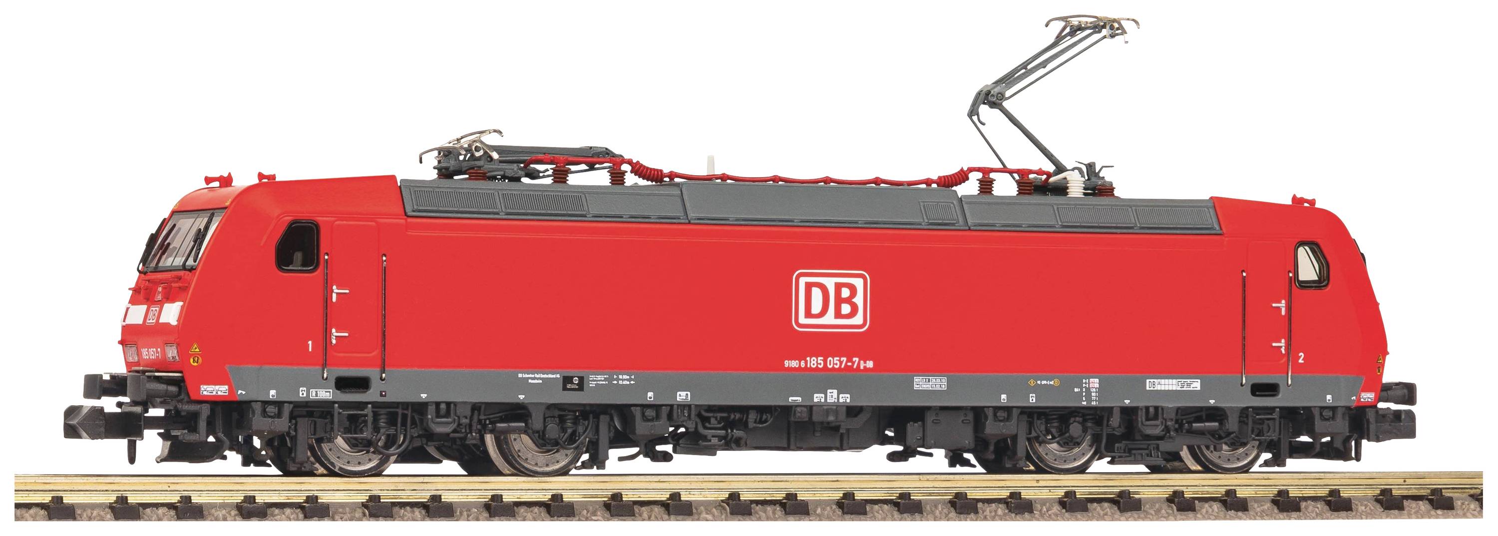 A red Deutsche Bahn train is standing on a railway track. The side view, DB logo, and pantograph are visible.