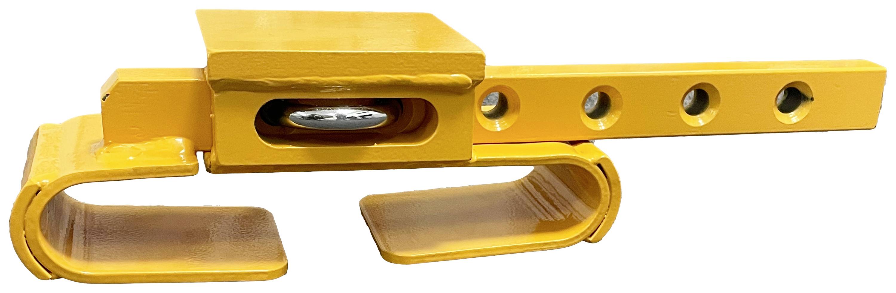 Yellow metal component with a rectangular body and a rail featuring perforations. It has curved ends that function like brackets. Used in industrial applications.