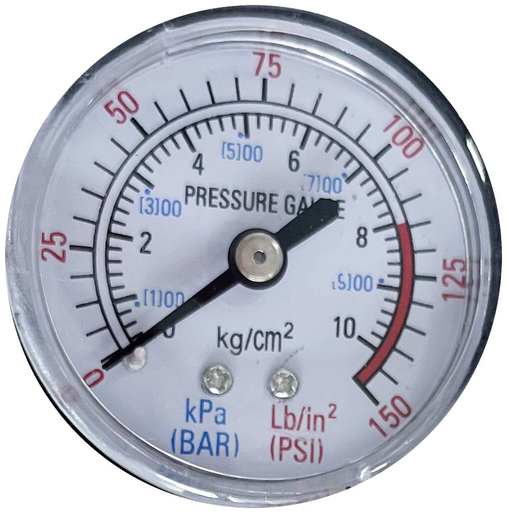 Manometer with scale in kPa (bar) and PSI, showing pressure of 8 kg/cm². Scale from 0 to 150 PSI and 0 to 10 bar.