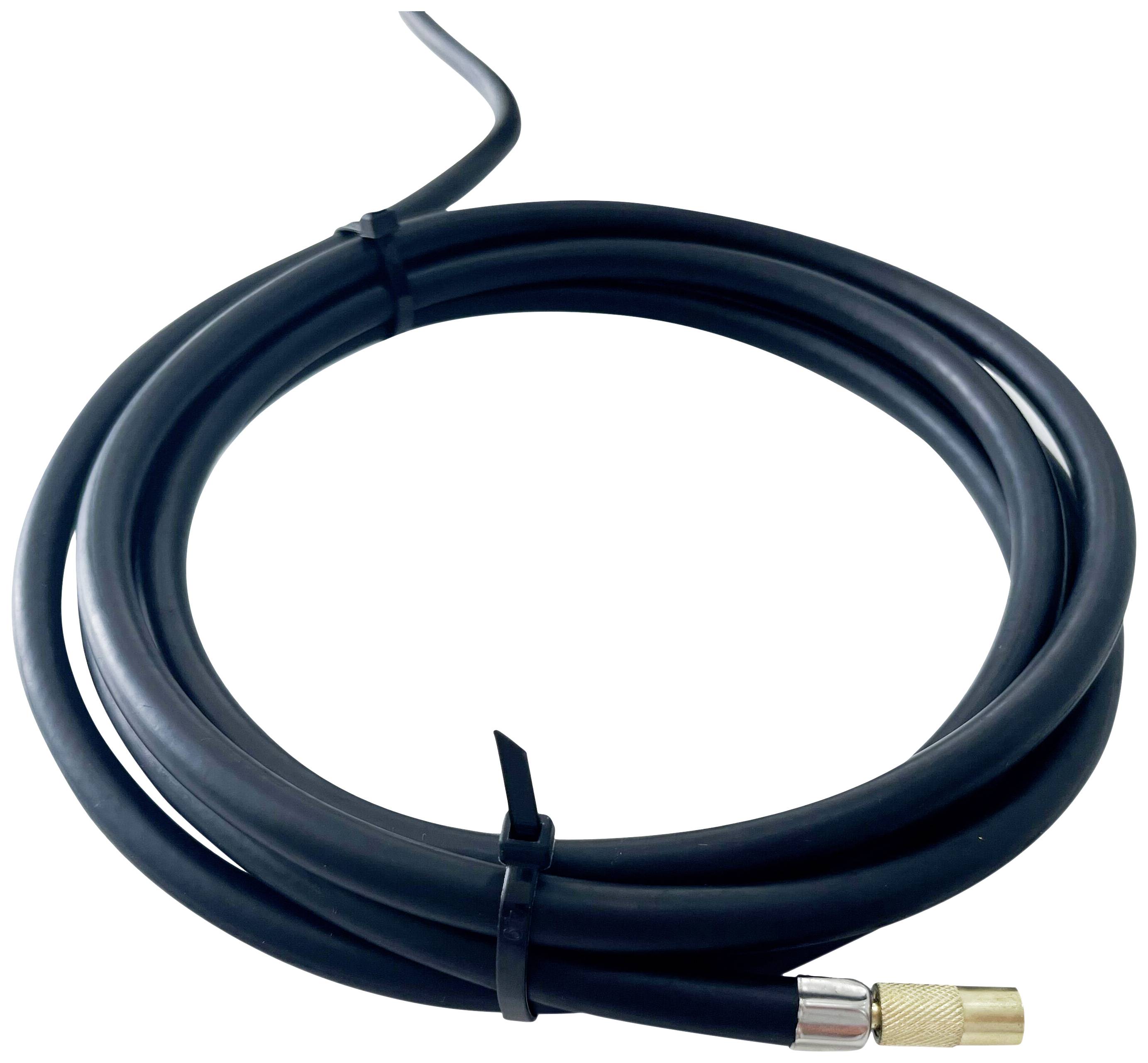 A coiled black hose with a metallic connector at one end and cable ties for securing it.