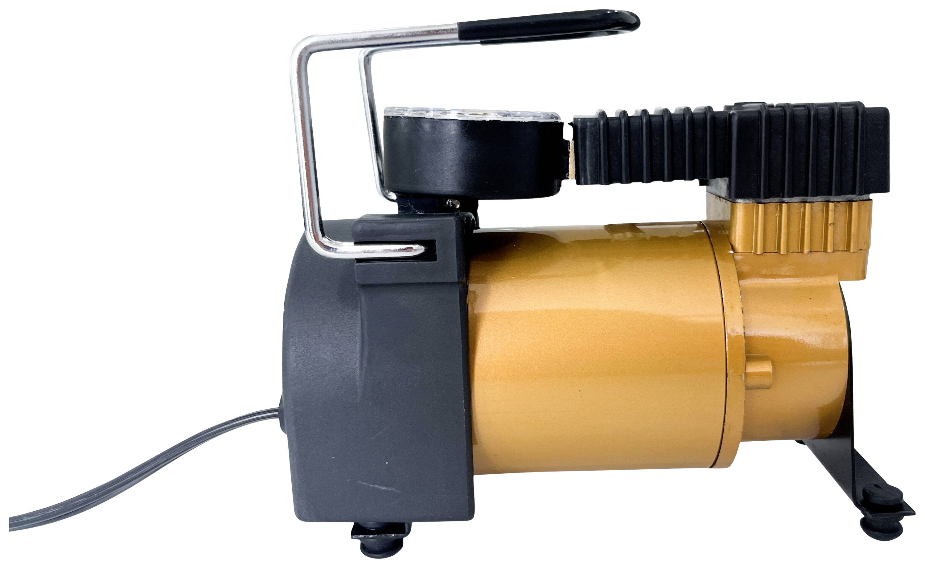 A portable, yellow air compressor with a black handle and pressure gauge, used for inflating tyres or other inflatable items.