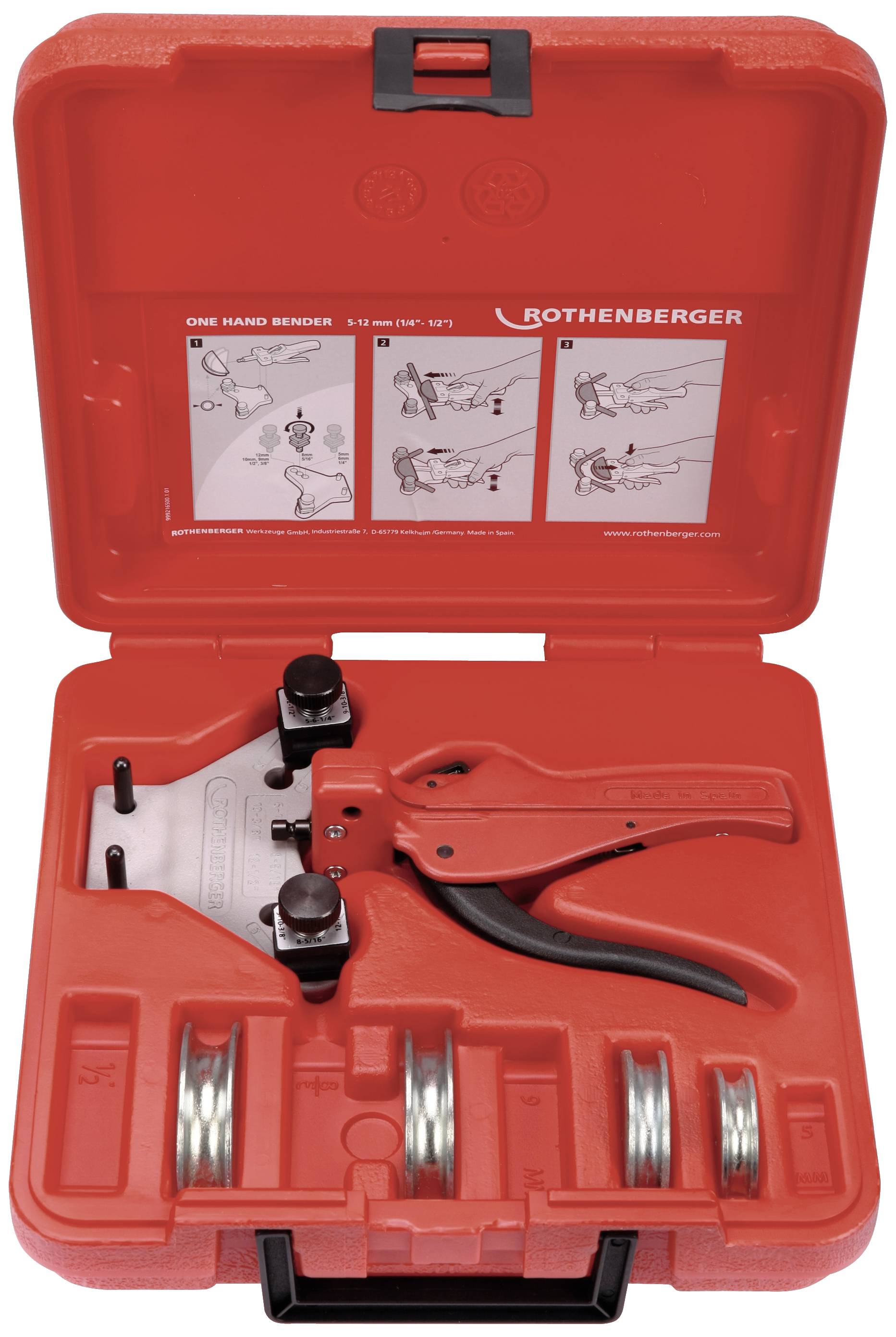 Red toolbox with one-handed bending machine and multiple bending segments. Instruction diagrams are visible in the lid.