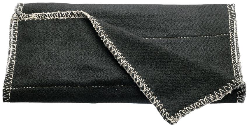Black, folded blanket with white decorative stitching along the edges.