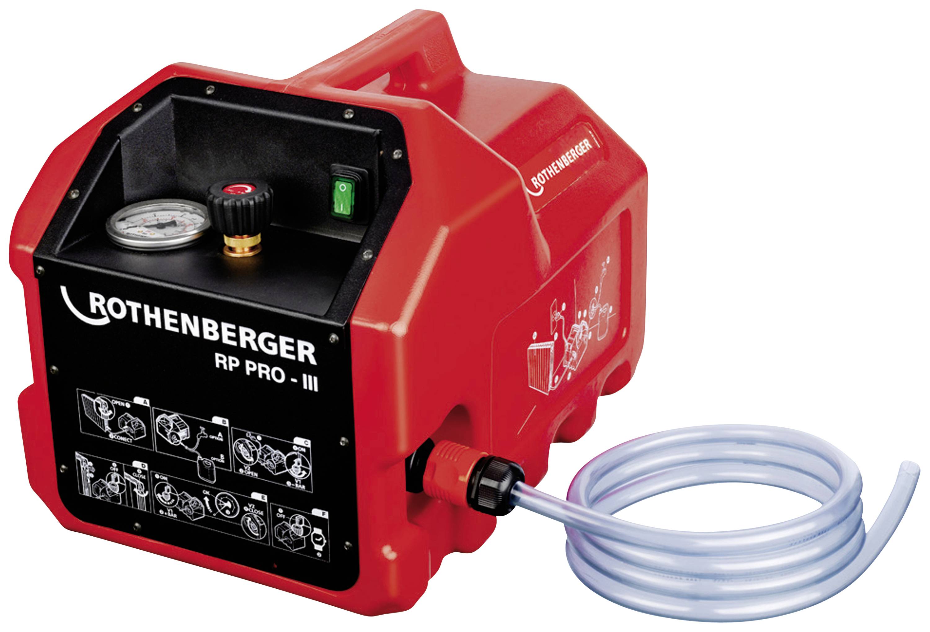 A red pressure testing device with manometer and hose, model 'ROTHENBERGER RP PRO-III', used for pressure tests.