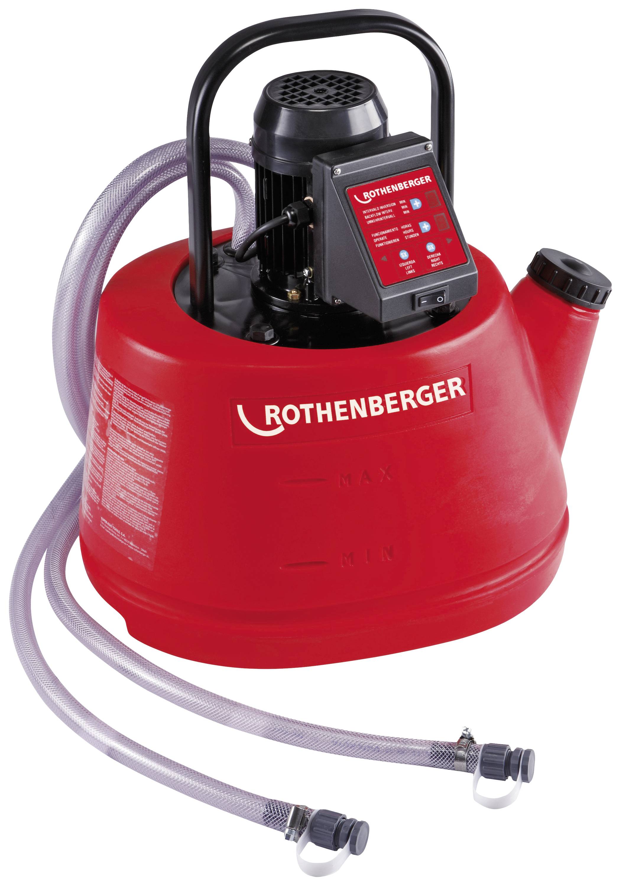 Red Rothenberger descaling pump with two transparent hoses. Suitable for heating systems and pipework.