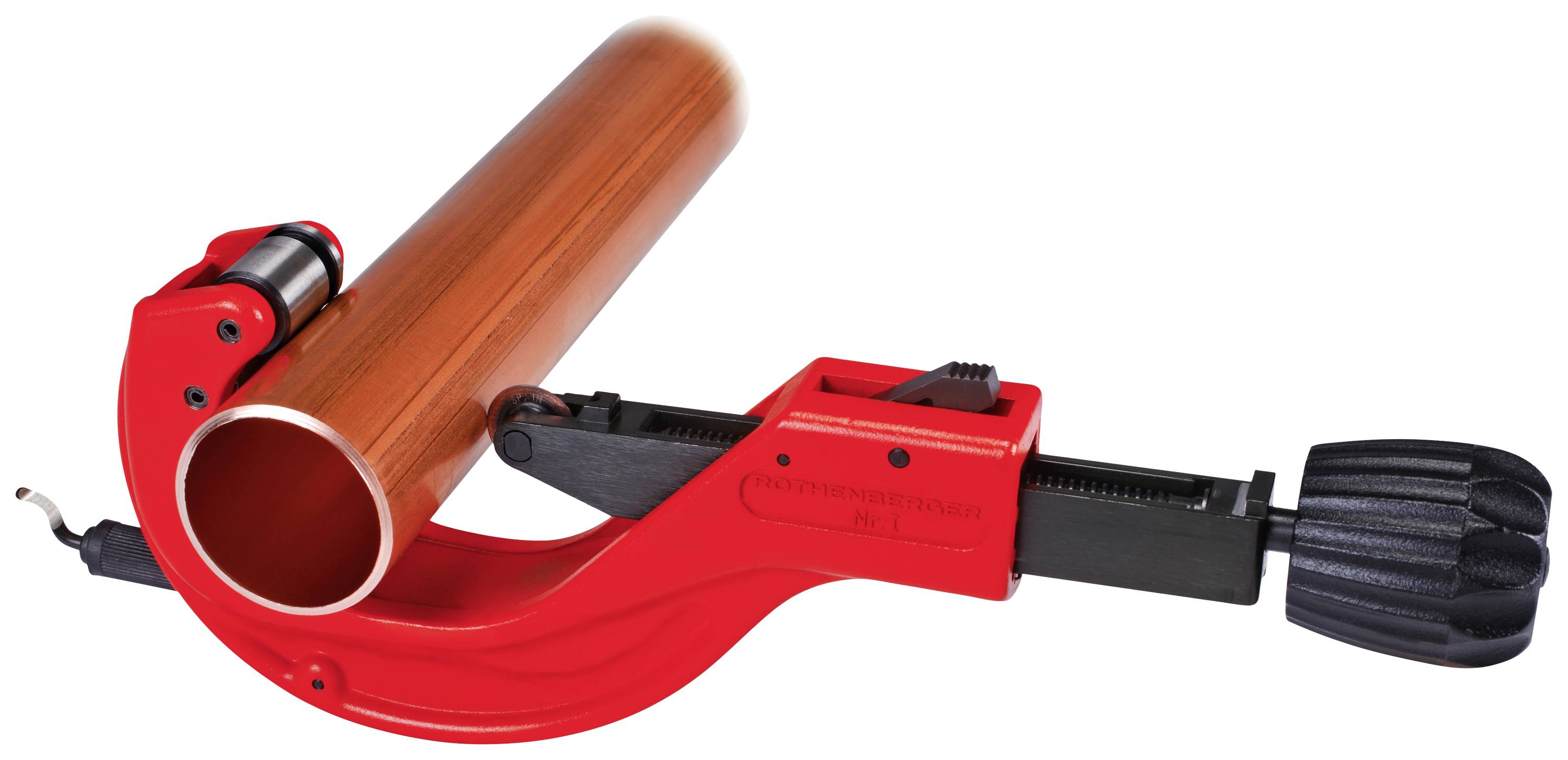 Red pipe cutting tool with a black handle, showing an open position for cutting pipes made from various materials.
