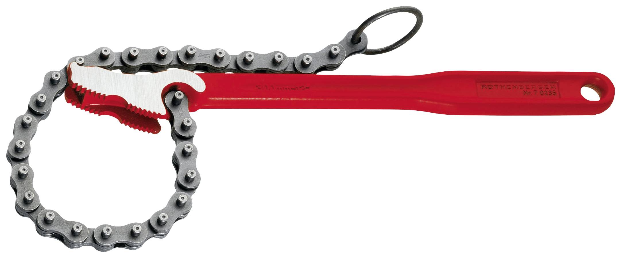 Red pipe wrench with grey chain, used for gripping and turning pipes.