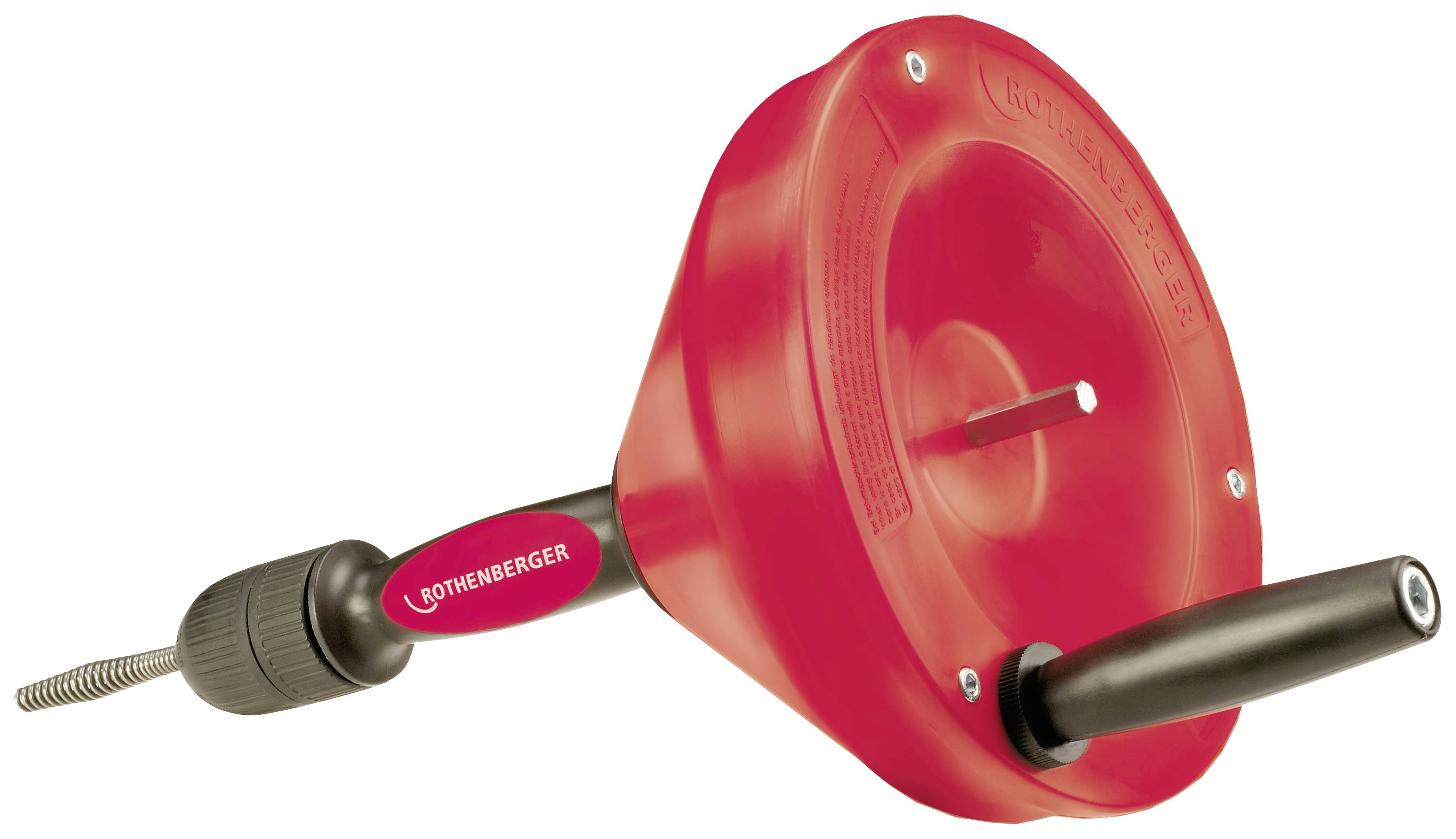 A red drain cleaning spiral with a handle and crank, used for cleaning pipes and clearing blockages.