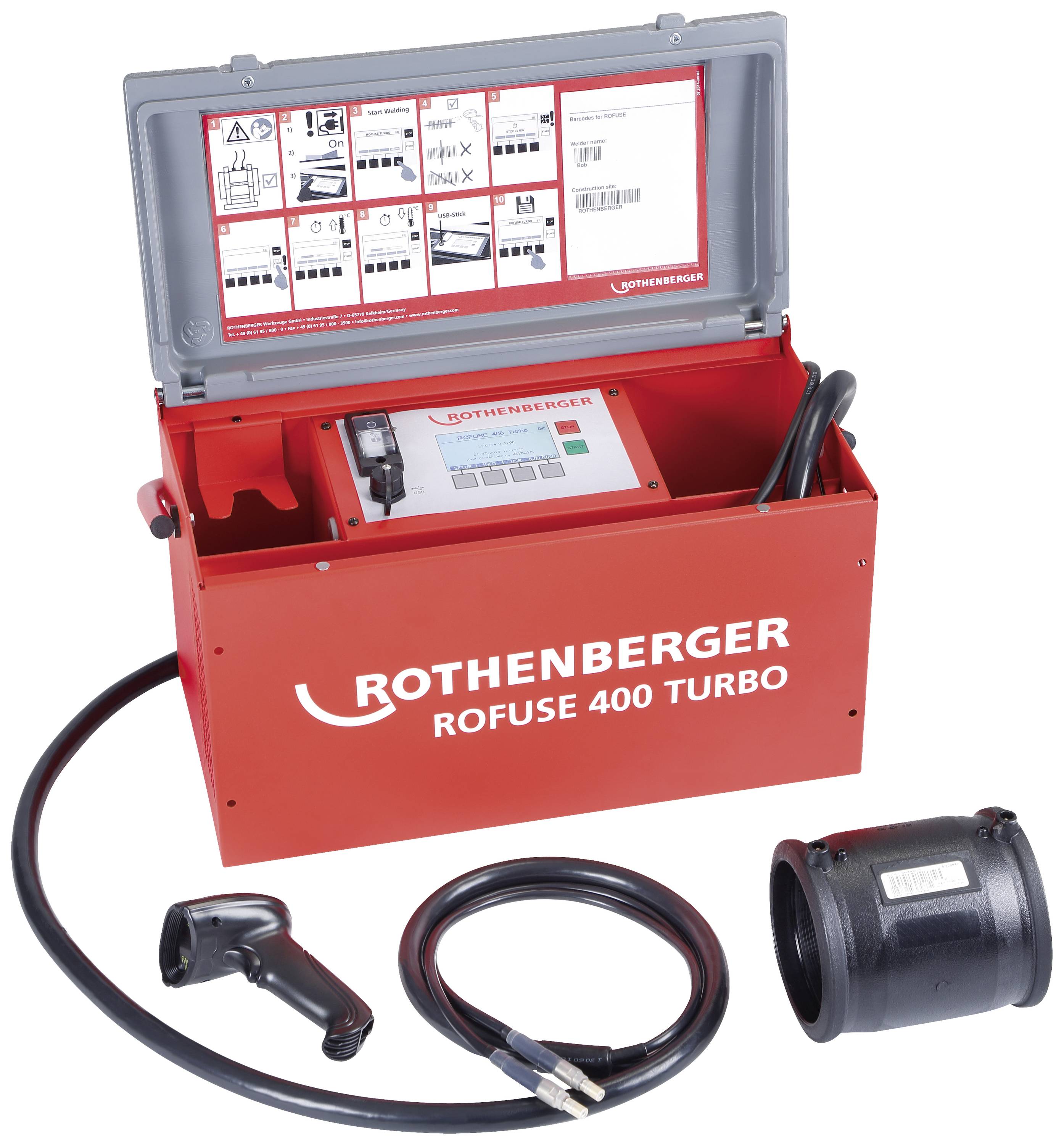 'Rothenberger Rofuse 400 Turbo' electrofusion welding machine in a red case with cables and accessories for pipe welding work.