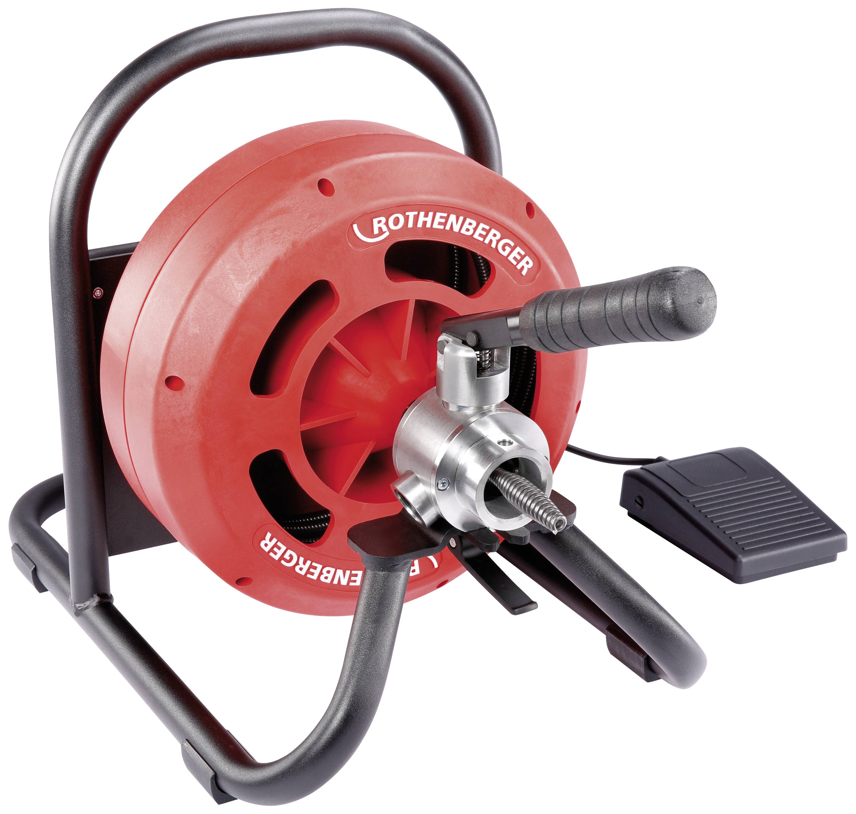 A red drain cleaning machine with a foot pedal and black handle, suitable for cleaning drains and pipes.