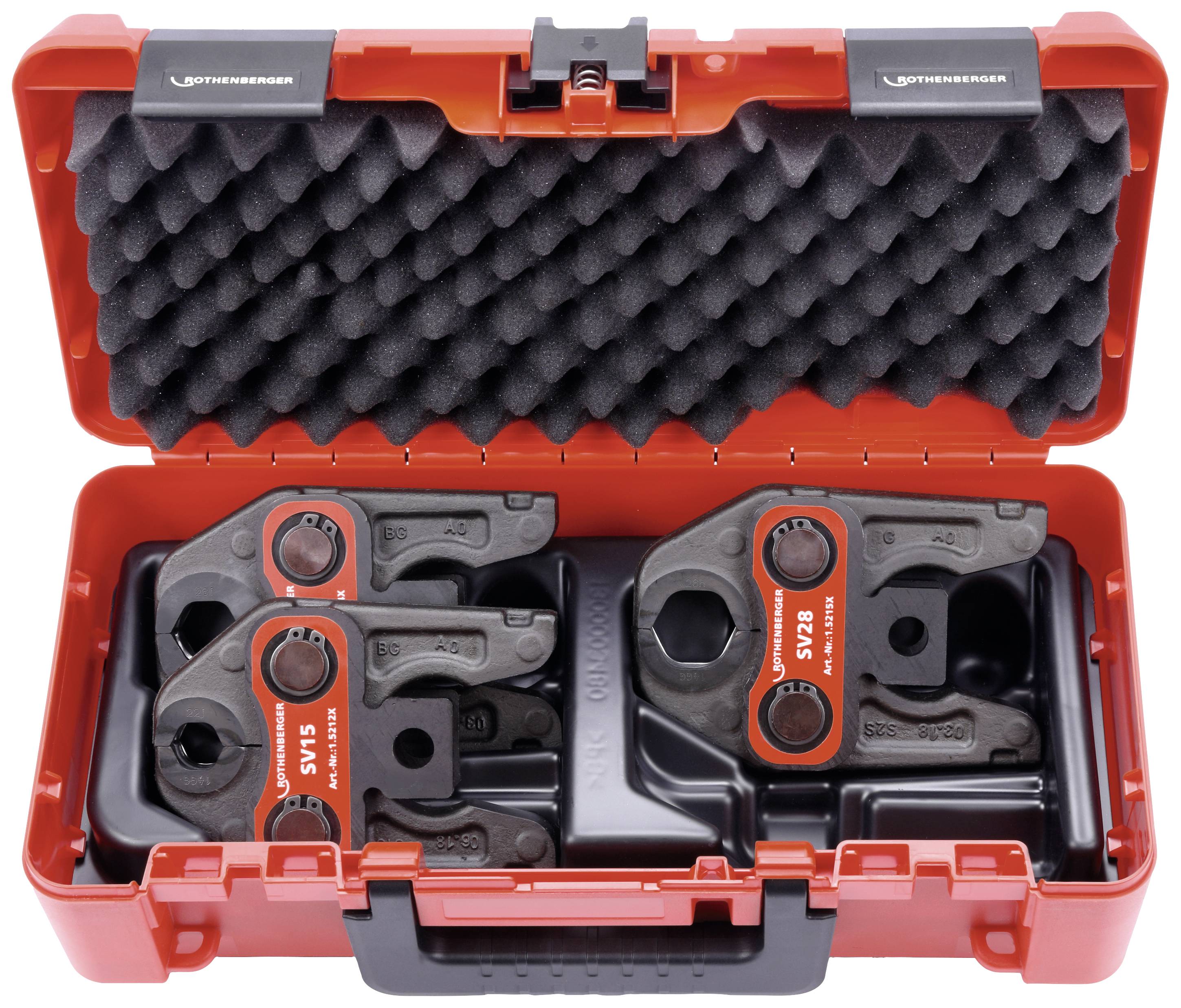 Red tool case opened, showing six different crimping jaw inserts on black foam, brand name visible in the top left corner.