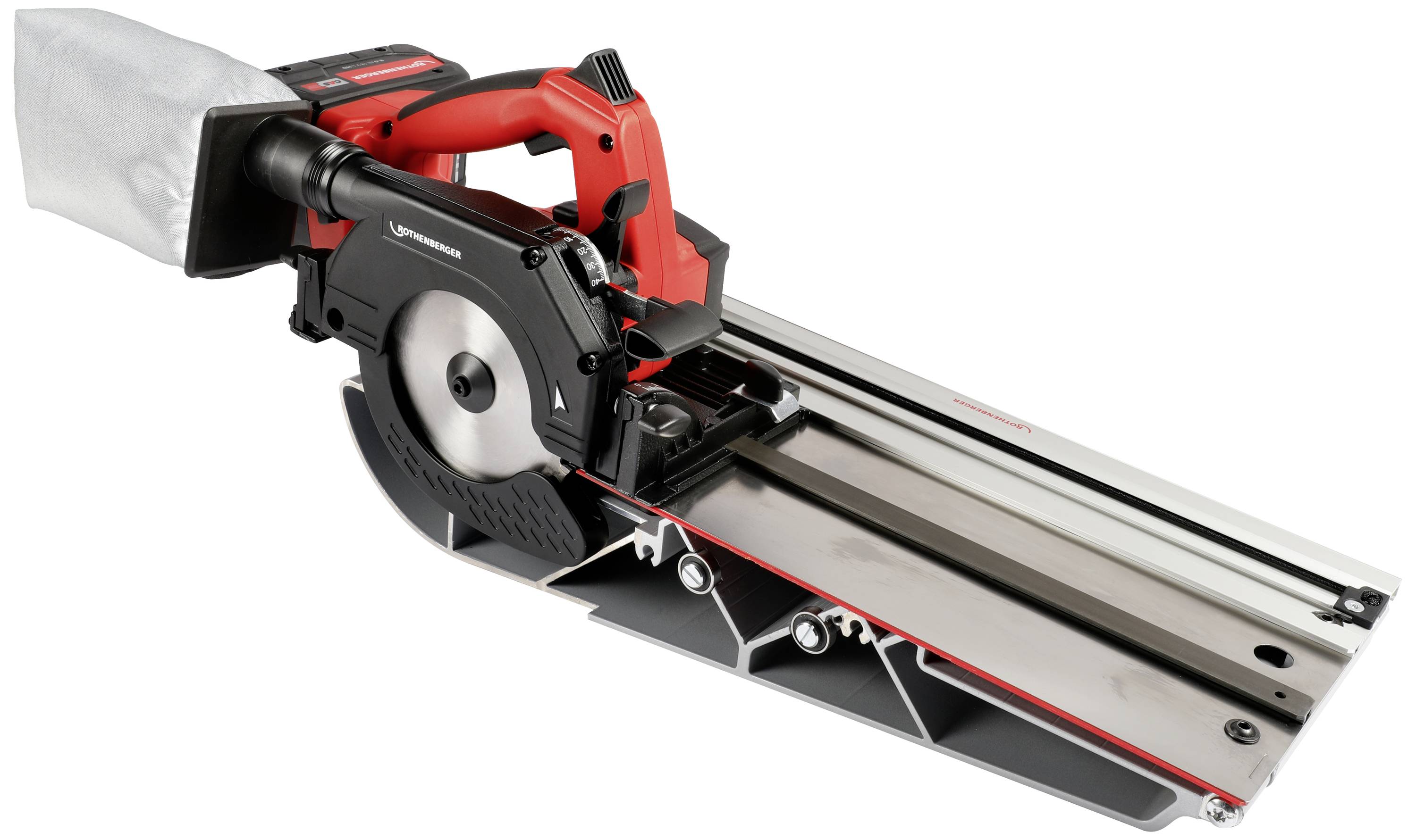 Electric saw on rail system for precise woodworking. Red and black colour accents, integrated dust collection bag.