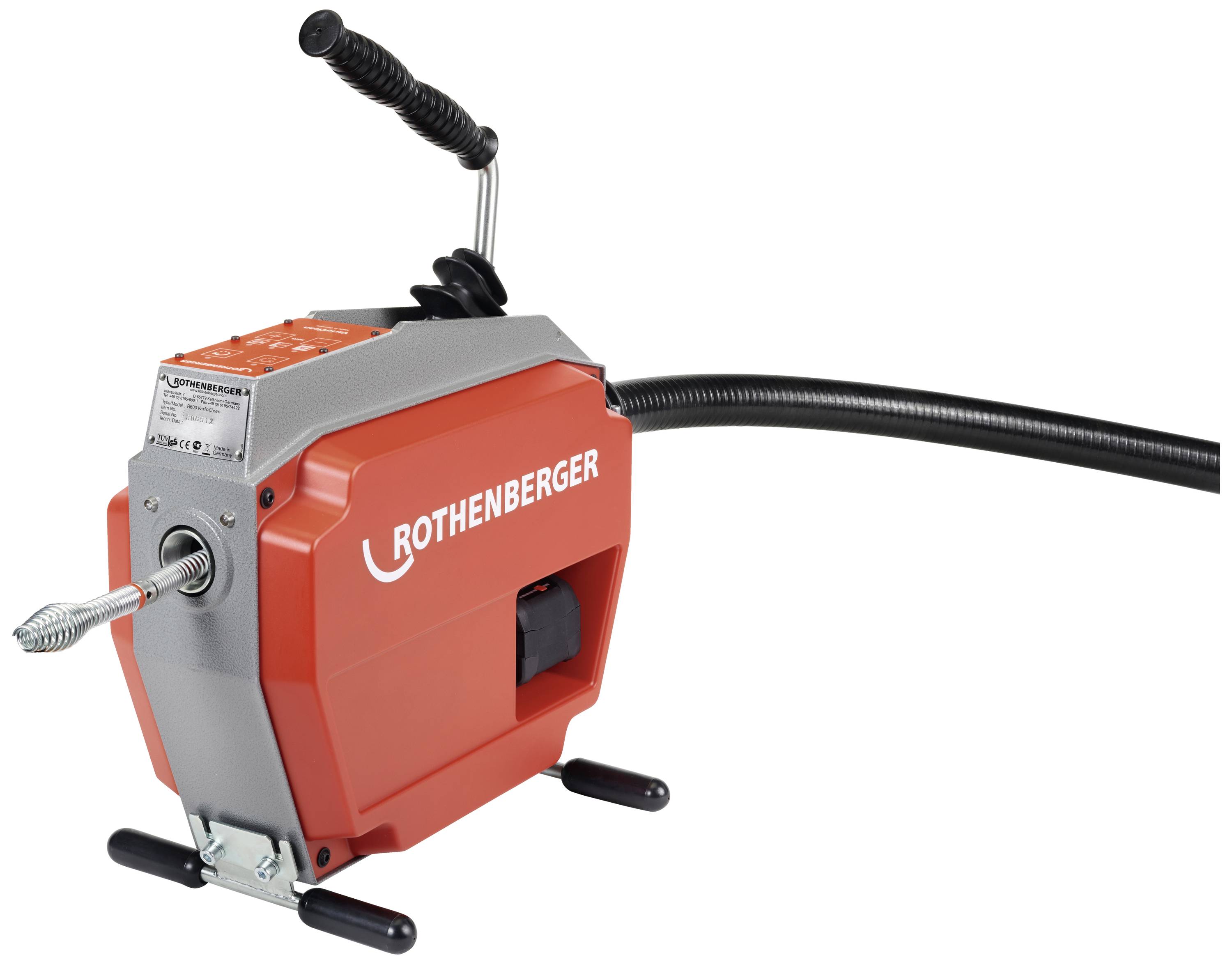 Drain cleaning device with a red casing and handle, suitable for cleaning drainage pipes.