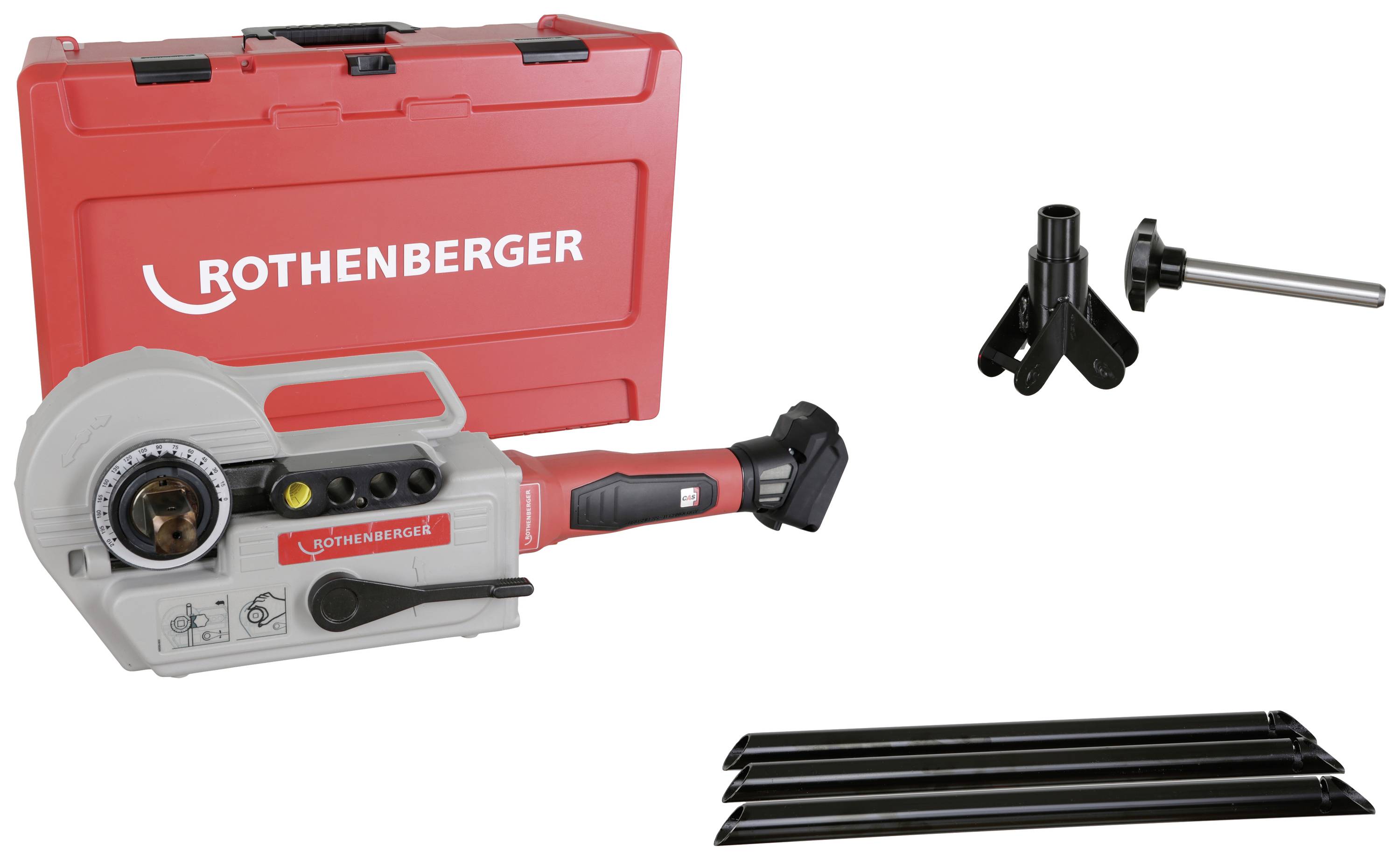'ROTHENBERGER' tool set with red plastic case, electrical tools, accessories and stand. Primarily for pipe processing.