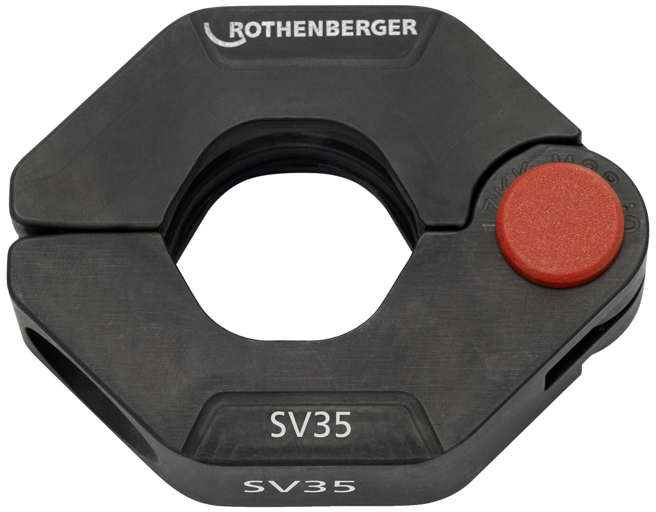Black SV35 pipe clamp with red button, by 'Rothenberger', for fixing pipes in plumbing or heating systems.