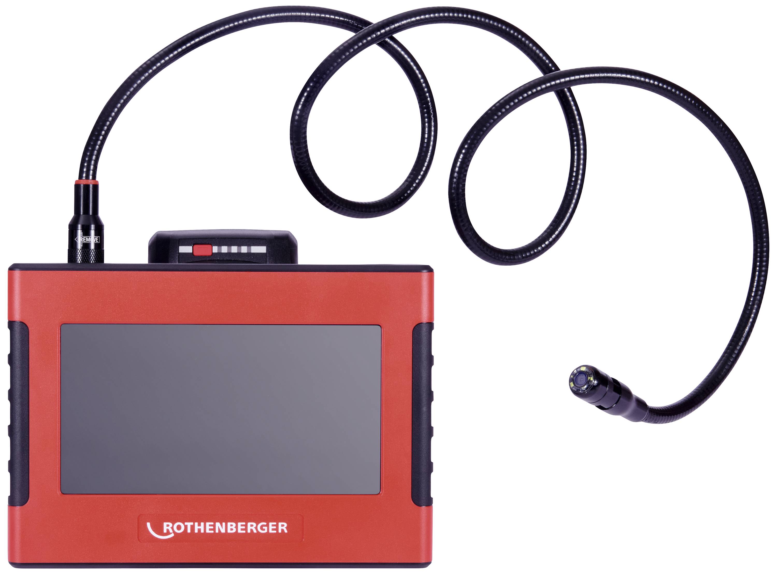 A red inspection device with a flexible camera cable. The screen shows no content. 'Rothenberger' brand on the front.
