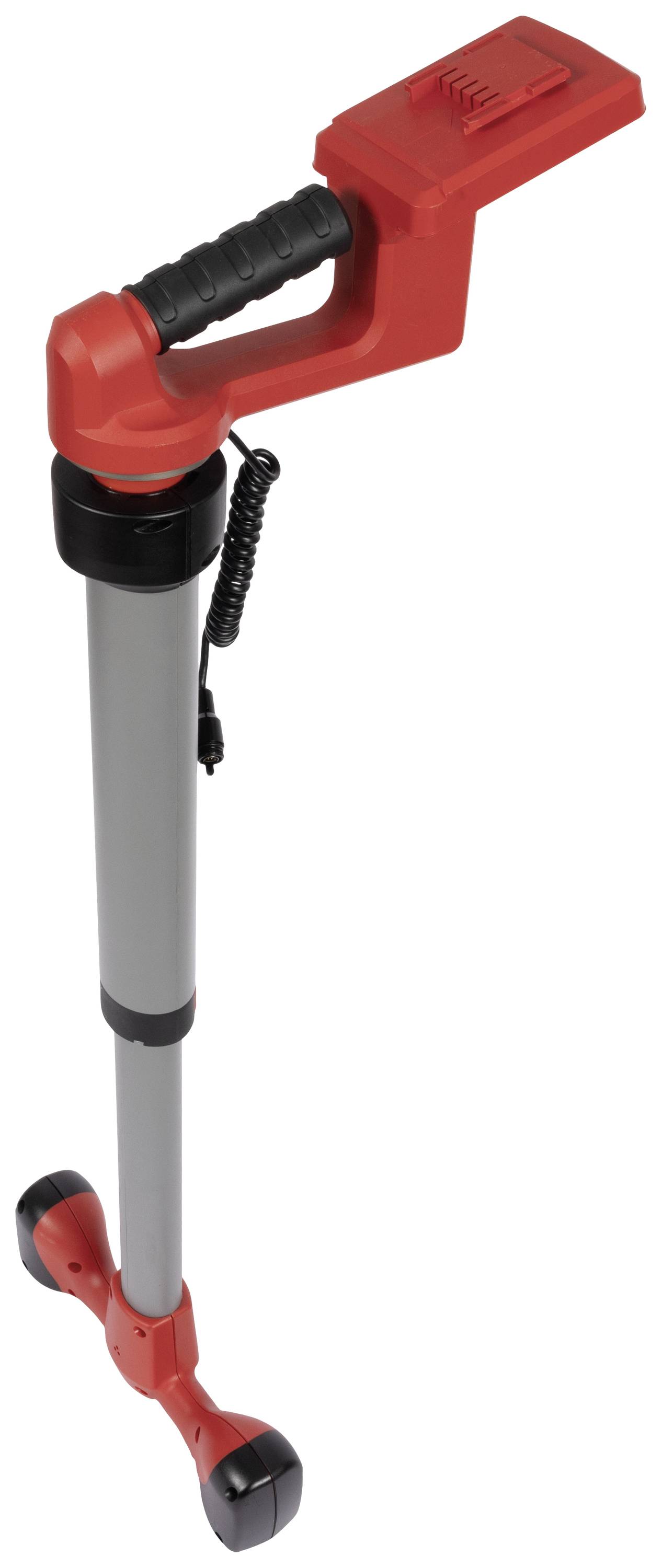 A red, adjustable walking stick with an ergonomic handle and stable base. Suitable for providing support whilst walking.