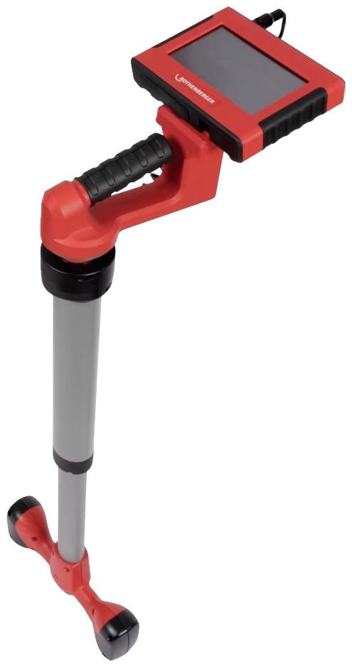 A red, portable metal detector with a black handle and screen. Ideal for locating metal objects in the ground.