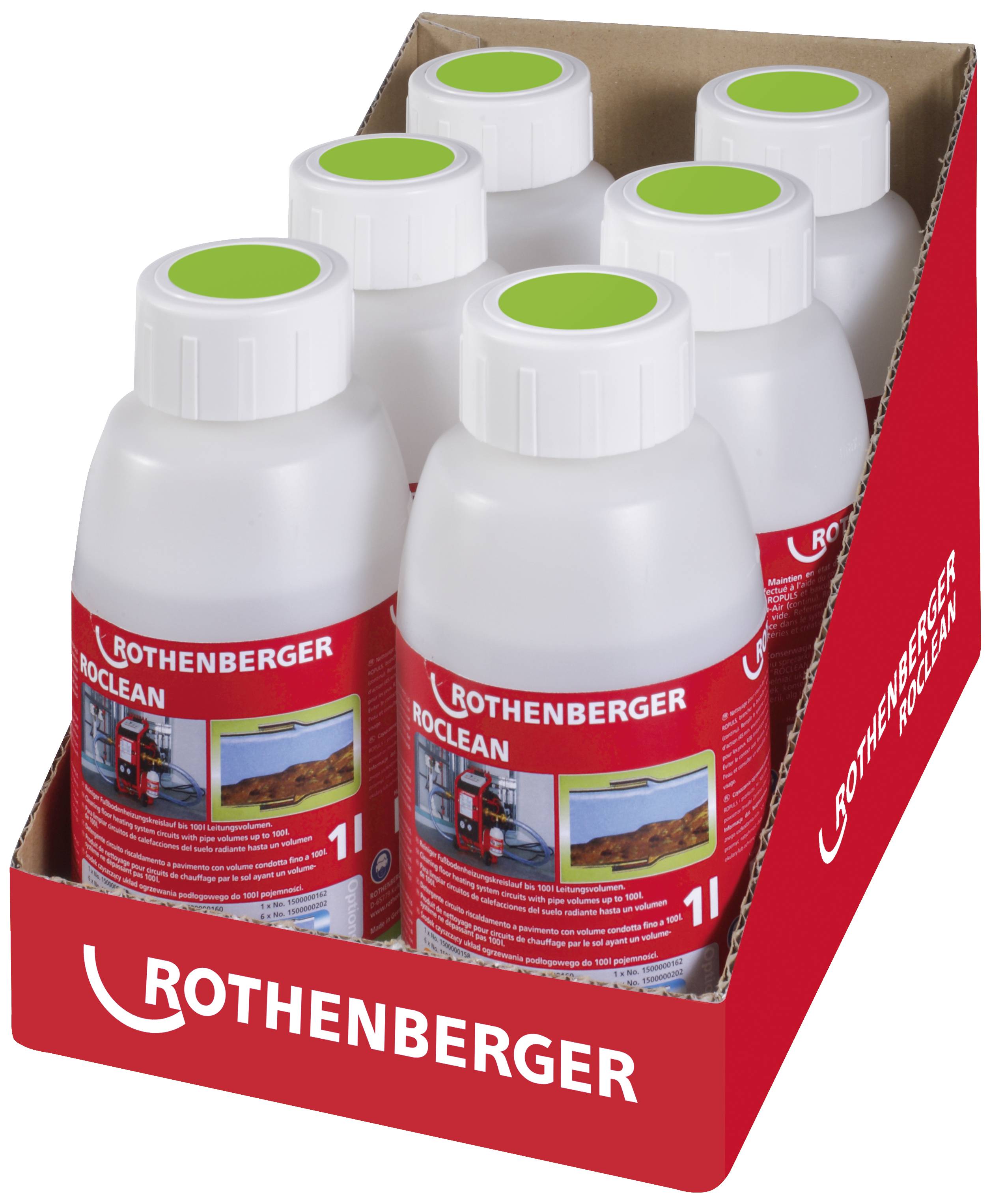 Six plastic bottles with green lids, brand 'Rothenberger Roclean', are standing in a red packaging box. Cleaning solution.