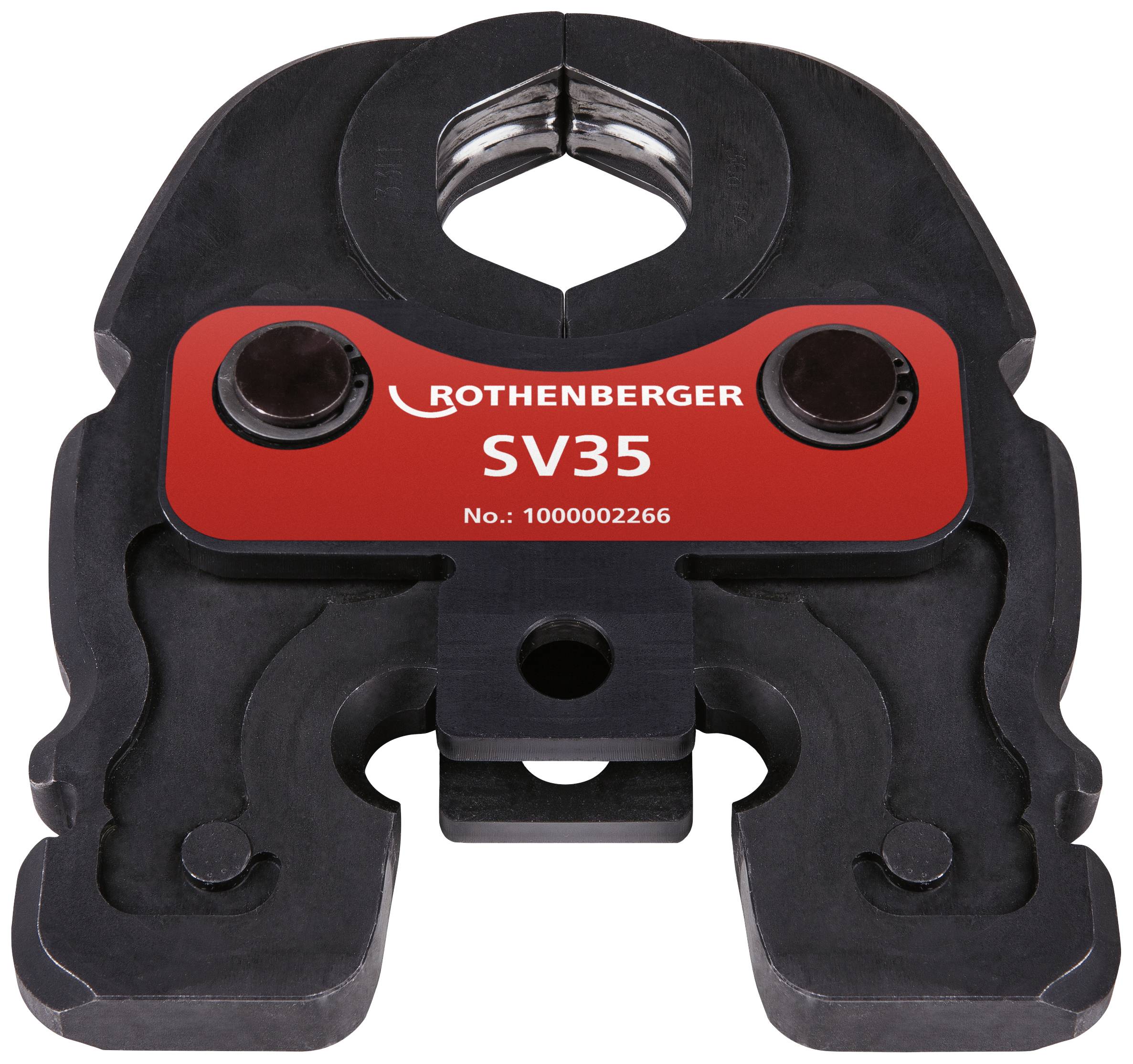 Press pliers with red details, model 'SV35', on a black background. Tool for pipe connection in construction.