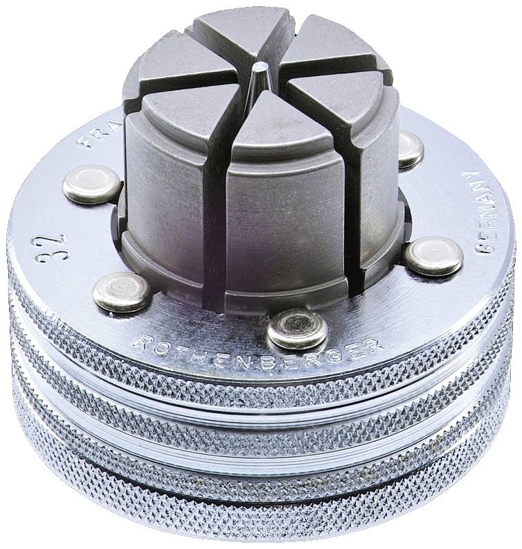 A metal tool for pipe processing, cylindrical with multiple screws and gripping mechanisms. Inscription: 'ROTHENBERGER'.