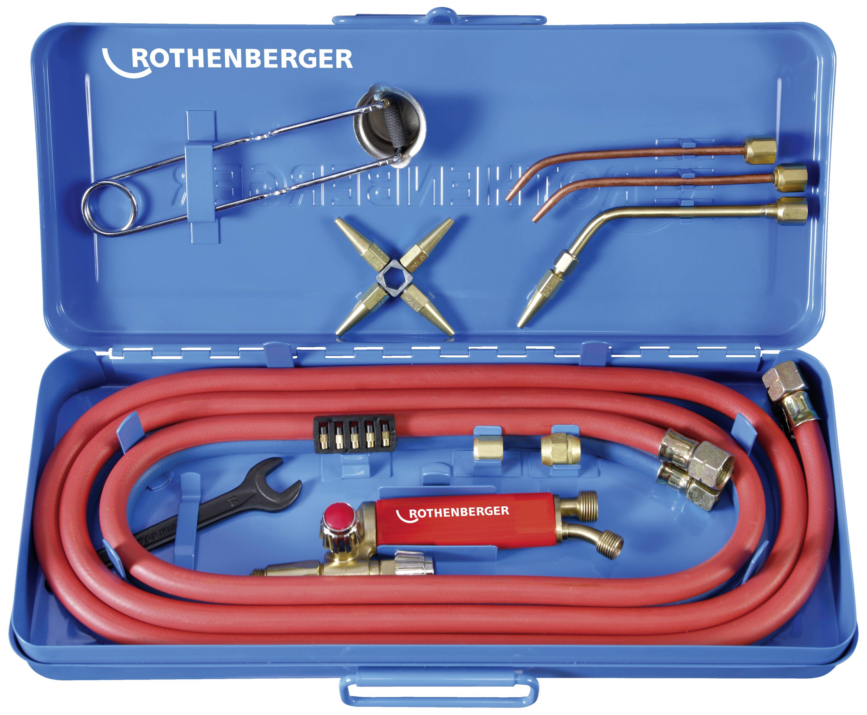 Open suitcase with soldering iron, tubes and accessories for installation work, brand 'Rothenberger'.