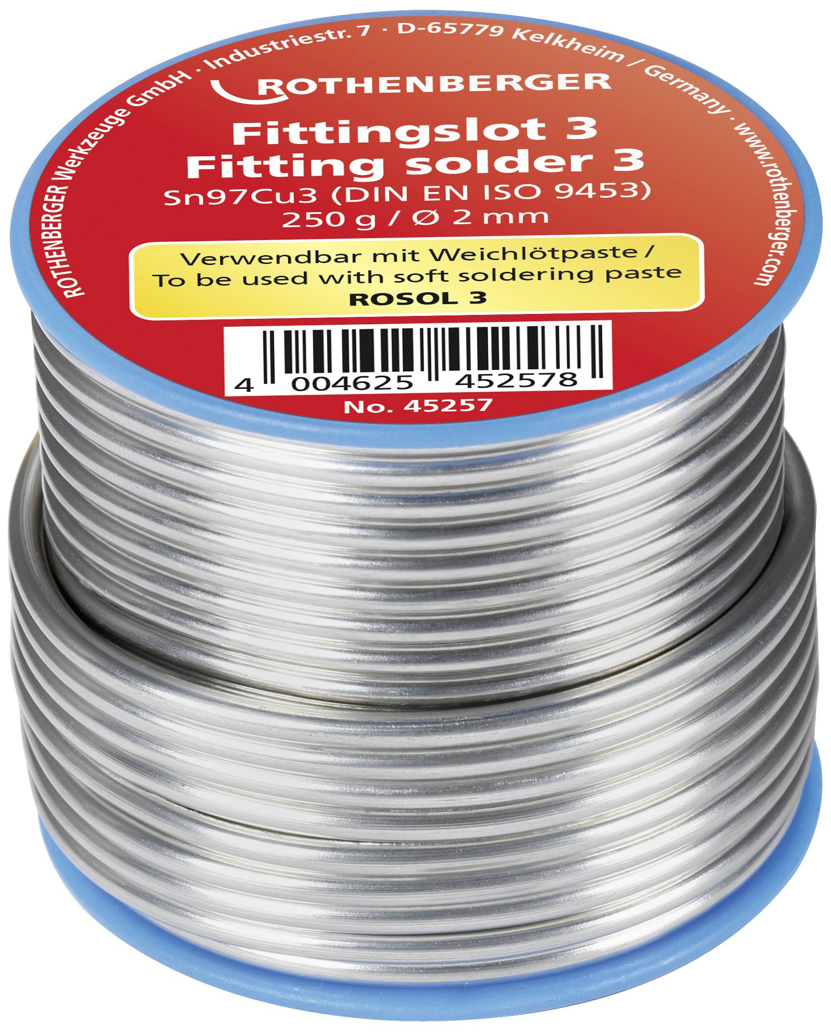 Silver soldering wire with label 'ROTHENBERGER Fitting Solder 3, Sn97Cu3, 250 g/0.2 mm'. Used with soft soldering paste 'ROSOL 3'.