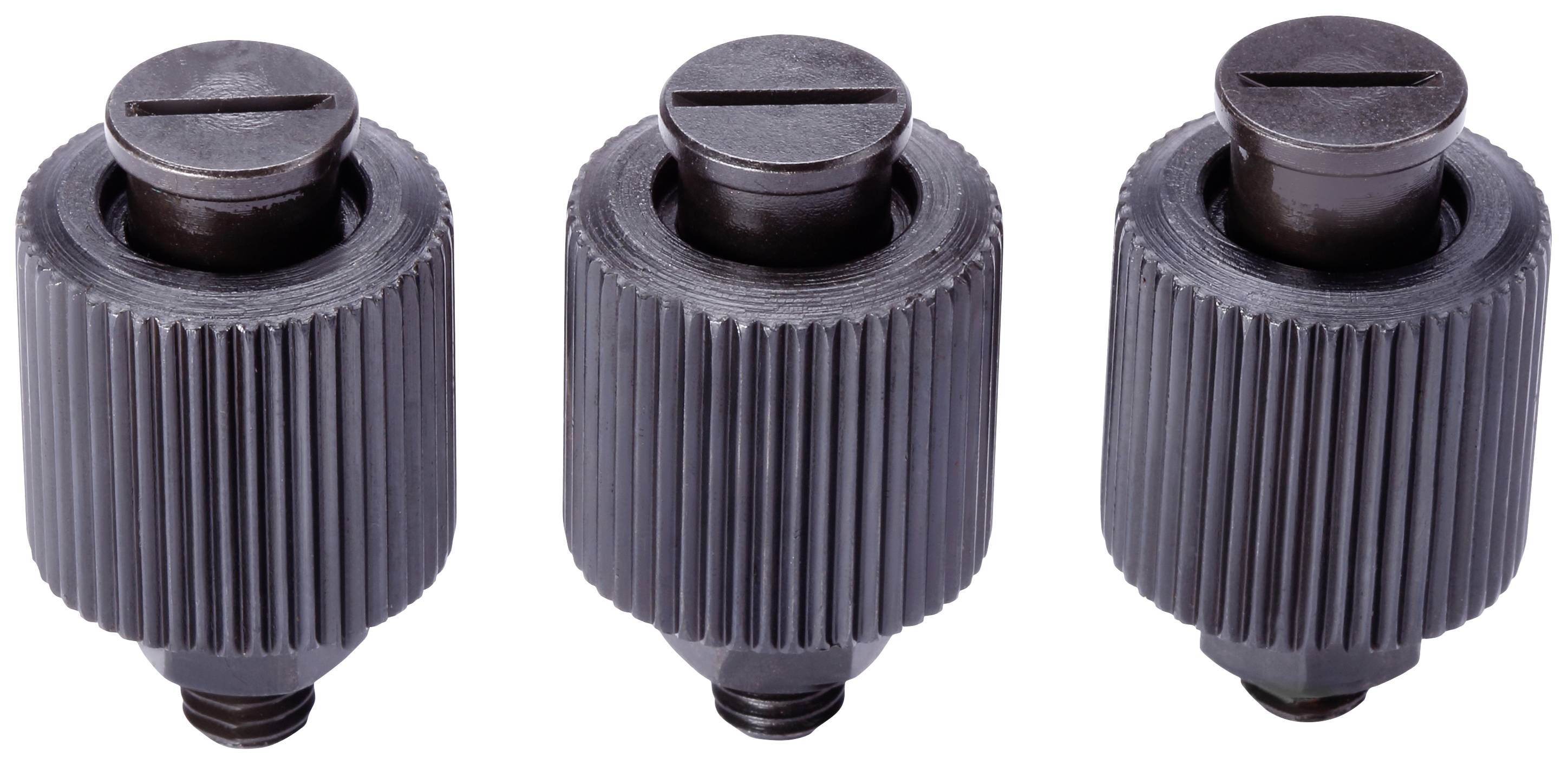 Three black handles with a ridged surface and a slotted screw at the top, vertically aligned.