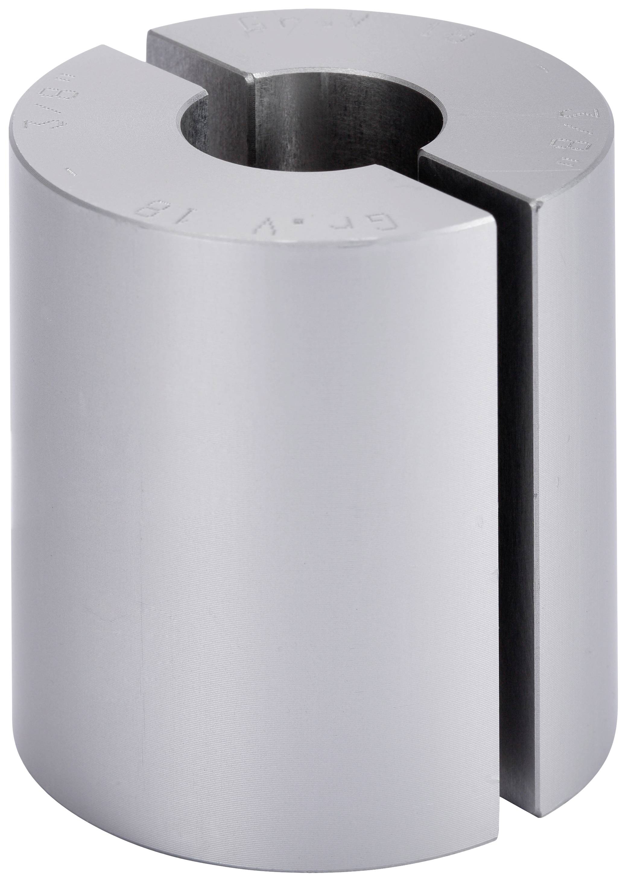 Metal sleeve with a slot and cylindrical shape. It has a central cutout. Suitable for fastening or connecting.