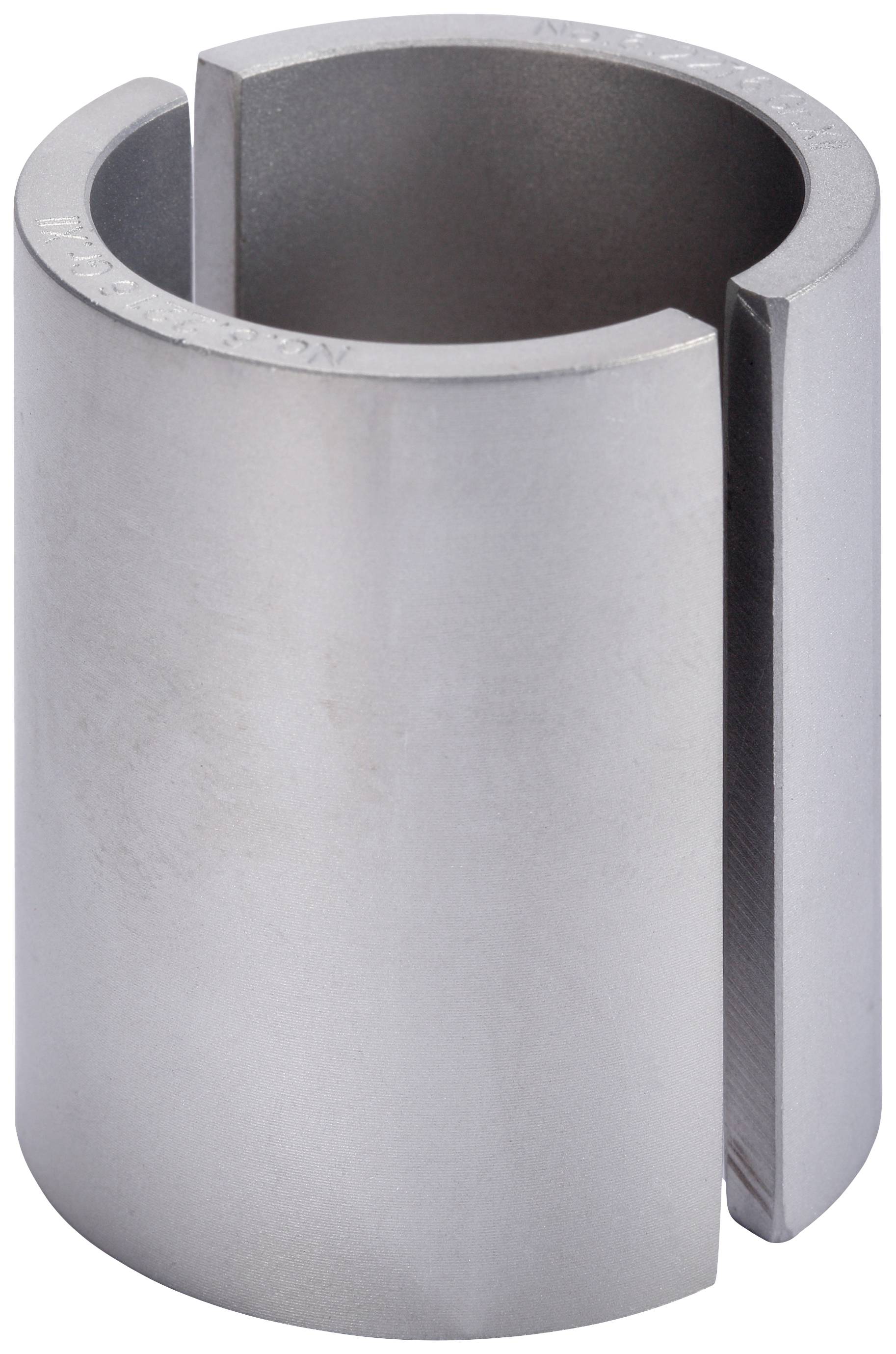 Cylindrical silver metal sleeve with a lateral slot, used as a mechanical connecting element or spacer.