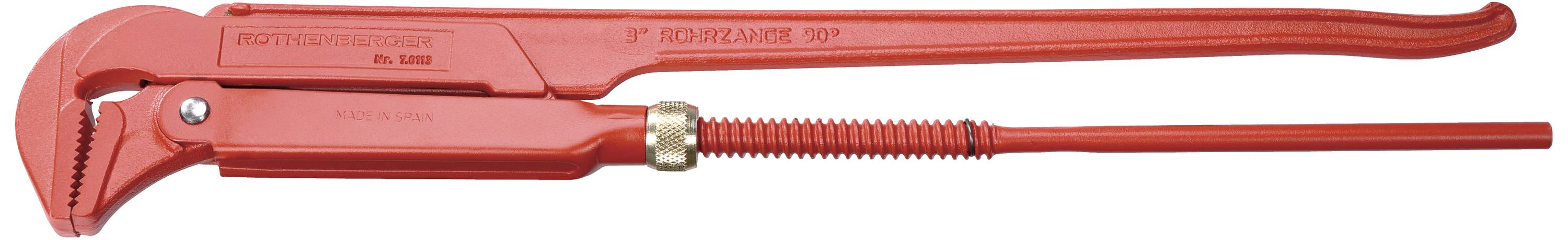 A large red adjustable pipe wrench with an adjustable jaw, suitable for installation work and gripping pipes.